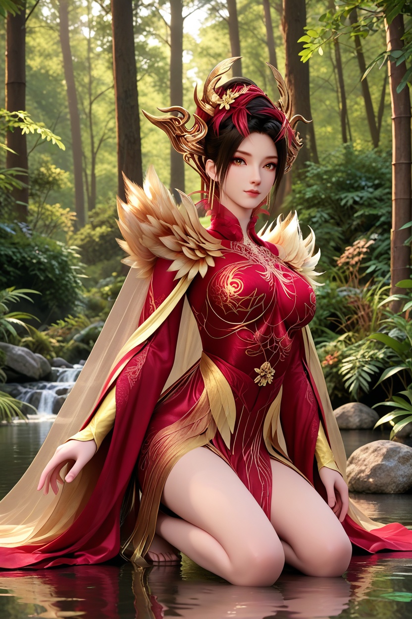 A woman kneeling on a bed, one knee up, her hands running through her hair.,<lora:XL16神国之上神子娘娘:0.95>,1girl,red corset gown,brown eyes,black hair,red streaked hair,hair ornament,yellow feathers capelet,white cape train,wide flowing sleeves,(large breasts:1.2),bamboo forest,water,river,stone,, score_9,score_8_up,score_7_up,score_6_up,score_5_up,score_4_up,3d rendering,tag1,tag2, Cinematic Lighting,backlighting,