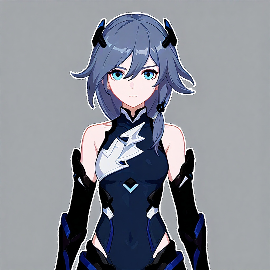 (grey background:1.2),looking at viewer,(SOLO:1.4),outline,simple background,upper body, cowboy shot,looking at viewer,(((arms at side)))  fu hua, fu hua cgver, long hair, bangs, blue eyes, hair between eyes, ponytail, hair ornament, grey hair, blue hair, <lora:符华-Illustrious-XL :0.8>