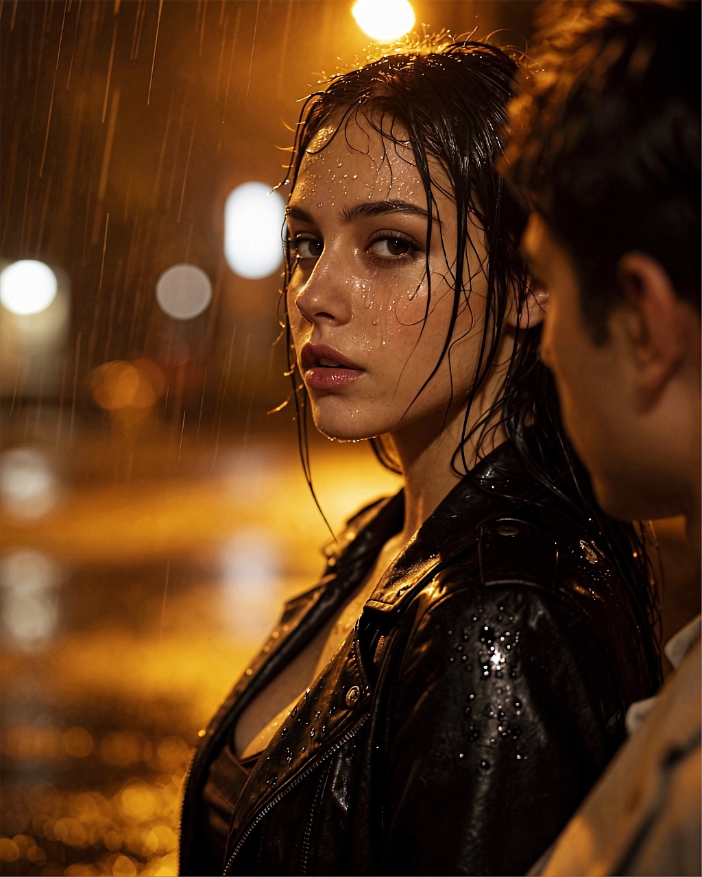 Rain slashes down at nightfall as golden neon bokeh glows behind her,  wet hair plastered tight against skin slick with dr...