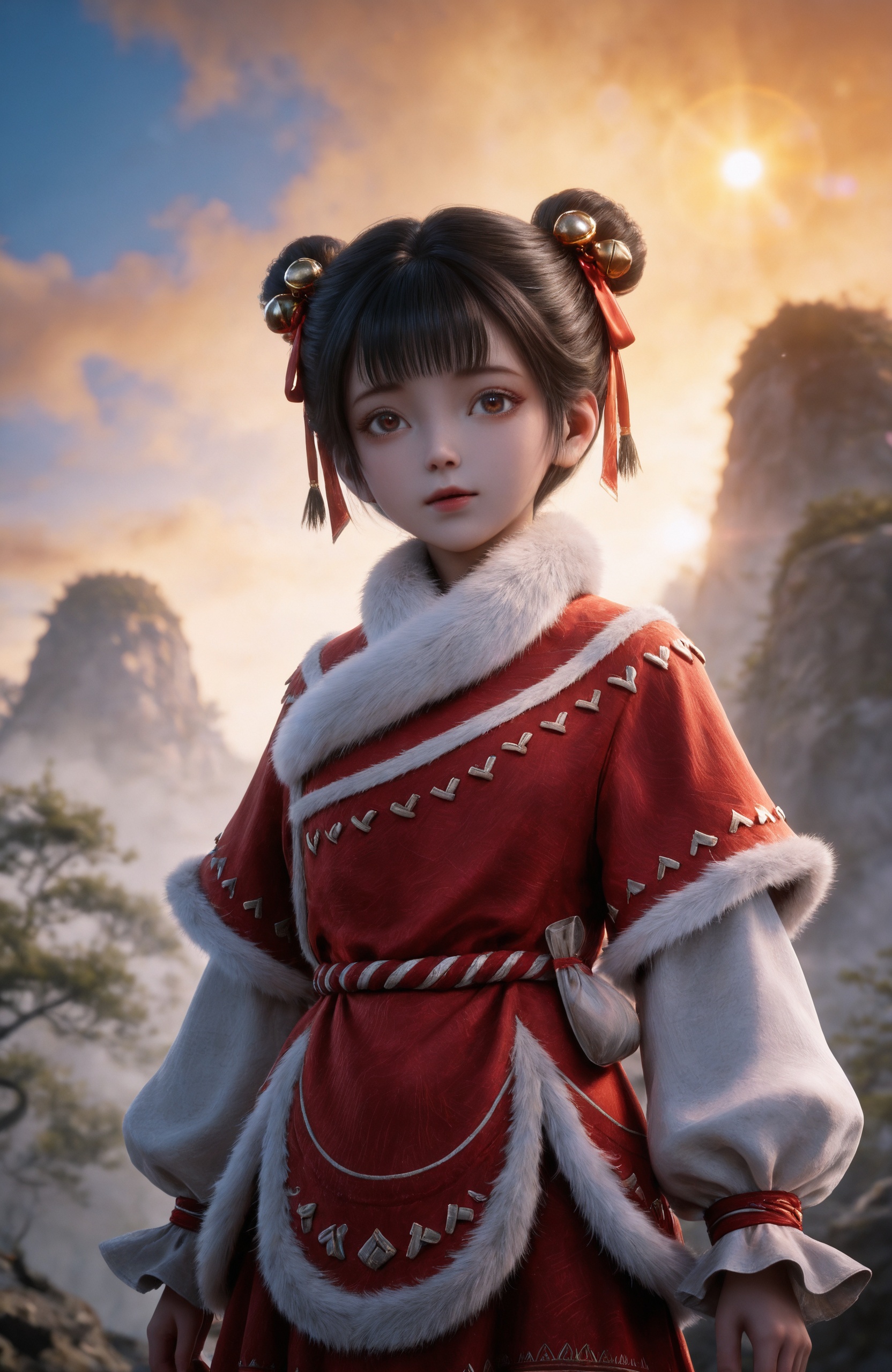 <lora:剑来2-李宝瓶IL:0.7> 1girl,child, black hair, hair ornament, short hair, double bun, hair ribbon, brown eyes, chinese clothes, red dress, hair bell,, realistic style photo,outstanding style,Use soft lighting to cast gentle shadows on the subject,adding a touch of dimension to your images without compromising details,whirls of vapor,(Anime:1.1),soft neon light,ethereal ambiance,delicate details,magical atmosphere,concept art,highly detailed,ultra-high resolution,32K UHD,sharp focus,best-quality,masterpiece,golden hour,unconventional supreme masterpiece,masterful details,temperate atmosphere,with a high-end texture,in the style of fashion photography,magazine style,Dynamic Angle,Dynamic posture,magazine style,Dynamic Angle,Dynamic posture,(cowboy_shot:1.2),eye trail,depth of field,cinematic lighting,lens flare,close-up,extreme aesthetic,(wlop:0.6),(honjou raita,lack,rella,wanke:0.5),masterpiece,best quality,good quality,newest,year 2025,very aesthetic,absurdres,Visual impact,A shot with tension,ultra-high resolution,32K UHD,sharp focus,best-quality,masterpiece,Emotionalization,unconventional supreme masterpiece,masterful details,temperate atmosphere,with a high-end texture,in the style of fashion photography,(Visual impact:1.2),giving the poster a dynamic and visually striking appearance,