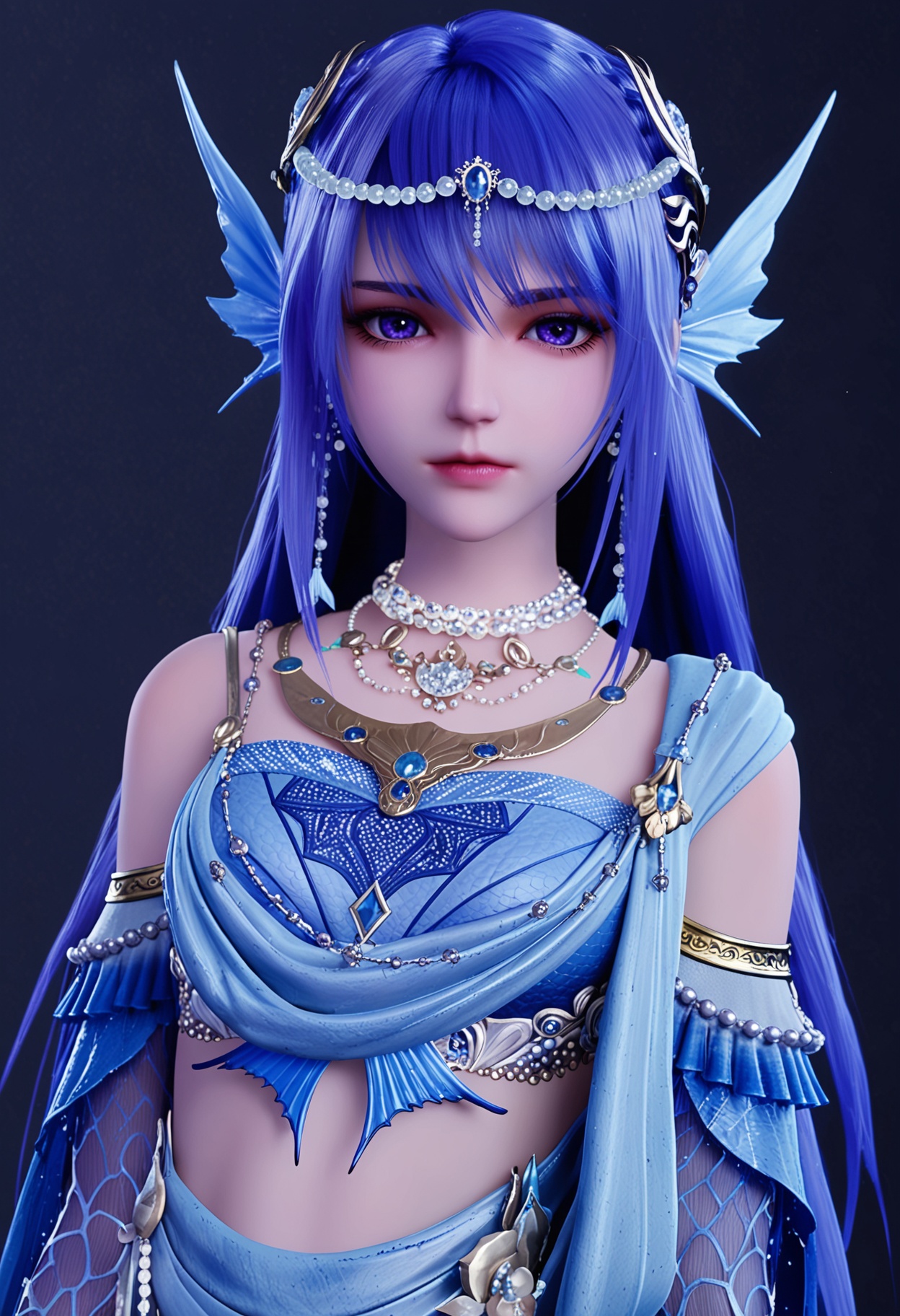 (upper_body:1.1),(looking at viewer:1.1),facing viewer,direct gaze,<lora:YQ_pony_shengcaier_fuzhuang5_V4:0.8>,q1528437228,1girl,solo,blue hair,jewelry,long hair,necklace,hair ornament,blue eyes,earrings,fins,head fins,dress,purple eyes,detached sleeves,blue dress,midriff,purple hair,beads,pearl necklace,skirt,bracelet,BREAK (white skin:1.1),(fair skin:1.1),(Ivory skin:1.1),(shiny skin),perfect anatomy,(simple background,pure black background,black background:1.1),