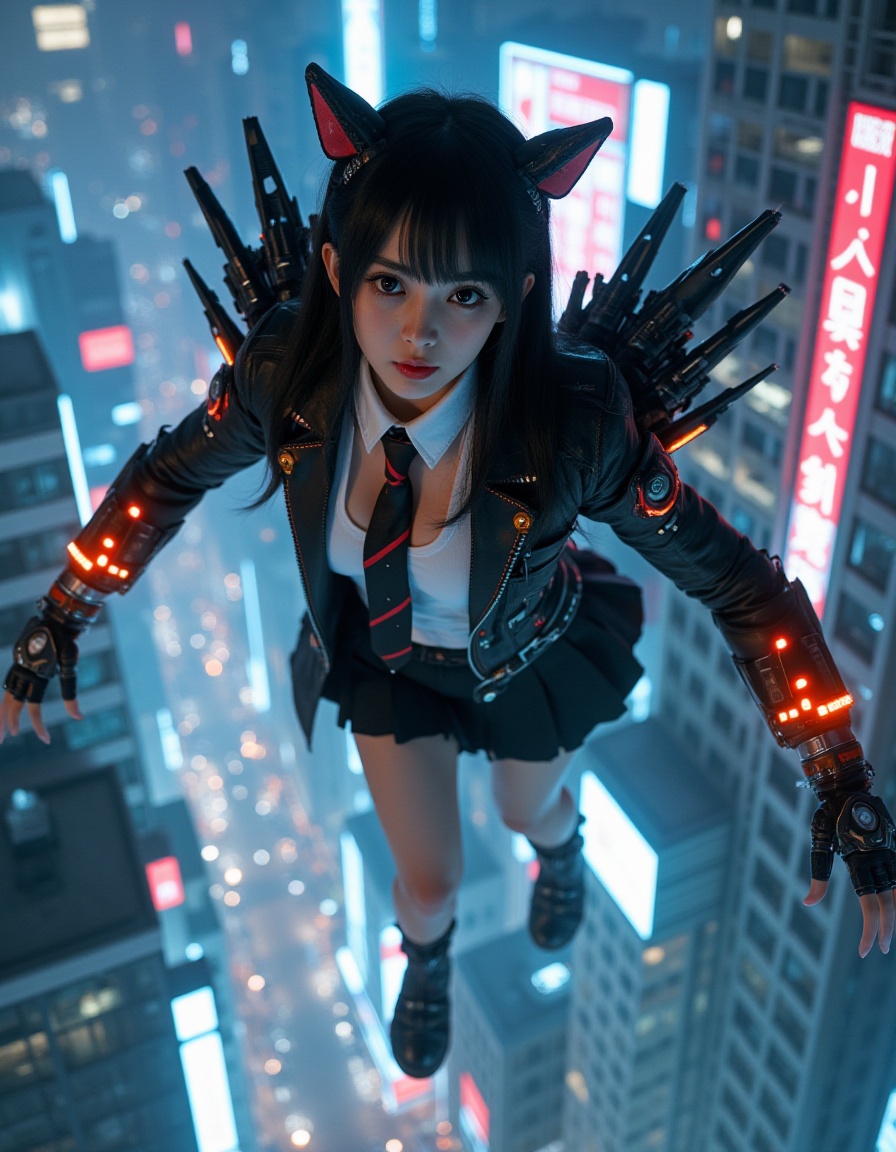 Ultra-realistic Japanese high school girl (JK), cute and slightly sexy, wearing a stylish modified school uniform, fierce demon-like expression, part-cybernetic body, with high-tech mechanical wings and advanced sci-fi weapons attached to her arms and back, glowing mechanical parts, realistic skin textures, flying high above a futuristic cyberpunk city at night, surrounded by neon lights, illuminated skyscrapers, light reflections on glass buildings, cinematic lighting, highly detailed, sharp focus, 8K resolution, photorealism, epic and dramatic atmosphere"