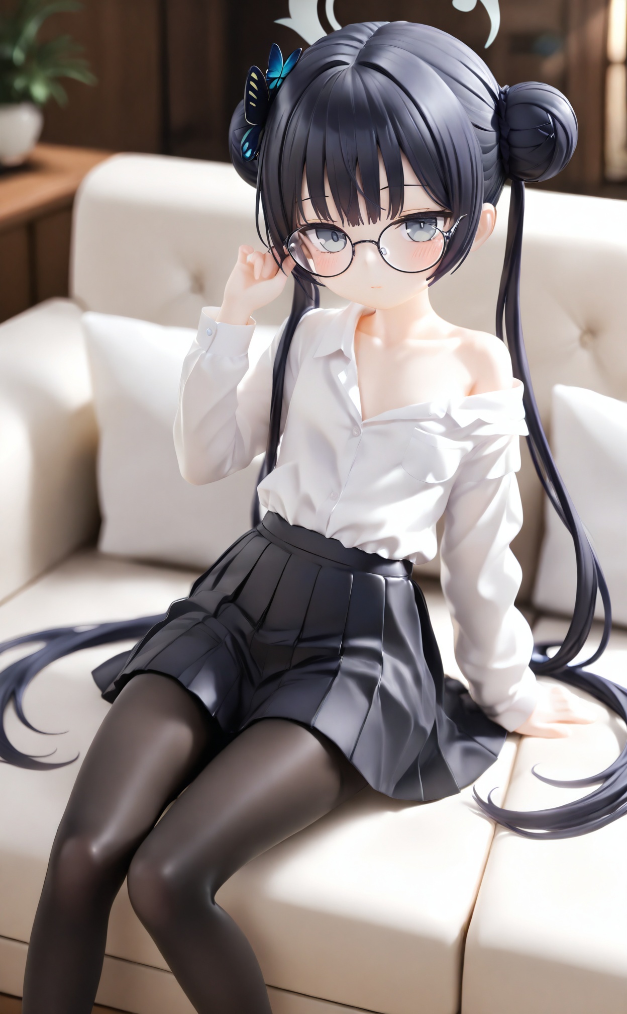 masterpiece,loli,PVC Style,1girl,solo,butterfly hair ornament,halo,double bun,kisaki (blue archive),hair bun,skirt,black hair,glasses,shirt,hair ornament,white shirt,long hair,twintails,round eyewear,looking at viewer,pantyhose,black skirt,long sleeves,alternate costume,sitting,bespectacled,pleated skirt,closed mouth,single bare shoulder,off shoulder,shirt tucked in,grey eyes,grey halo,black pantyhose,collarbone,black-framed eyewear,couch,collared shirt,blue eyes,arm support,white halo,very long hair,on couch,<lora:pvc3——【Illustrious】hans:0.8>,