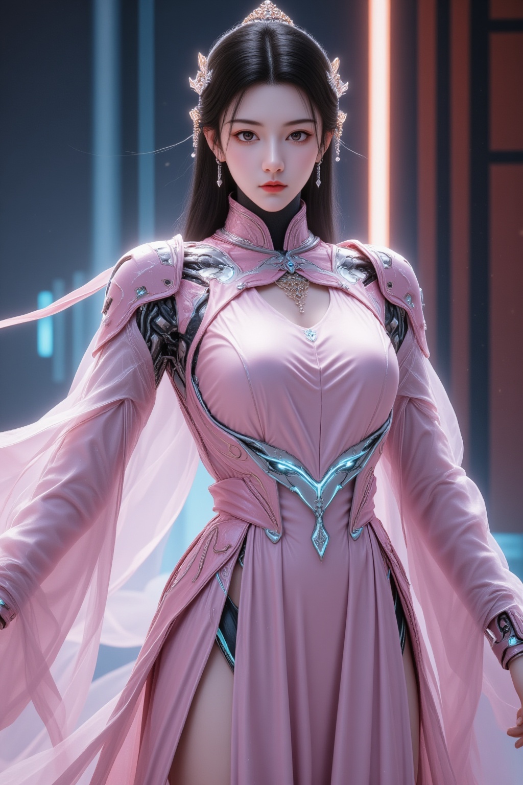 1girl,solo,brown eyes,black hair,looking at viewer,pink hanfu,chinese clothes,science fiction,long hair,cyberpunk,robot joints,glowing cloak,