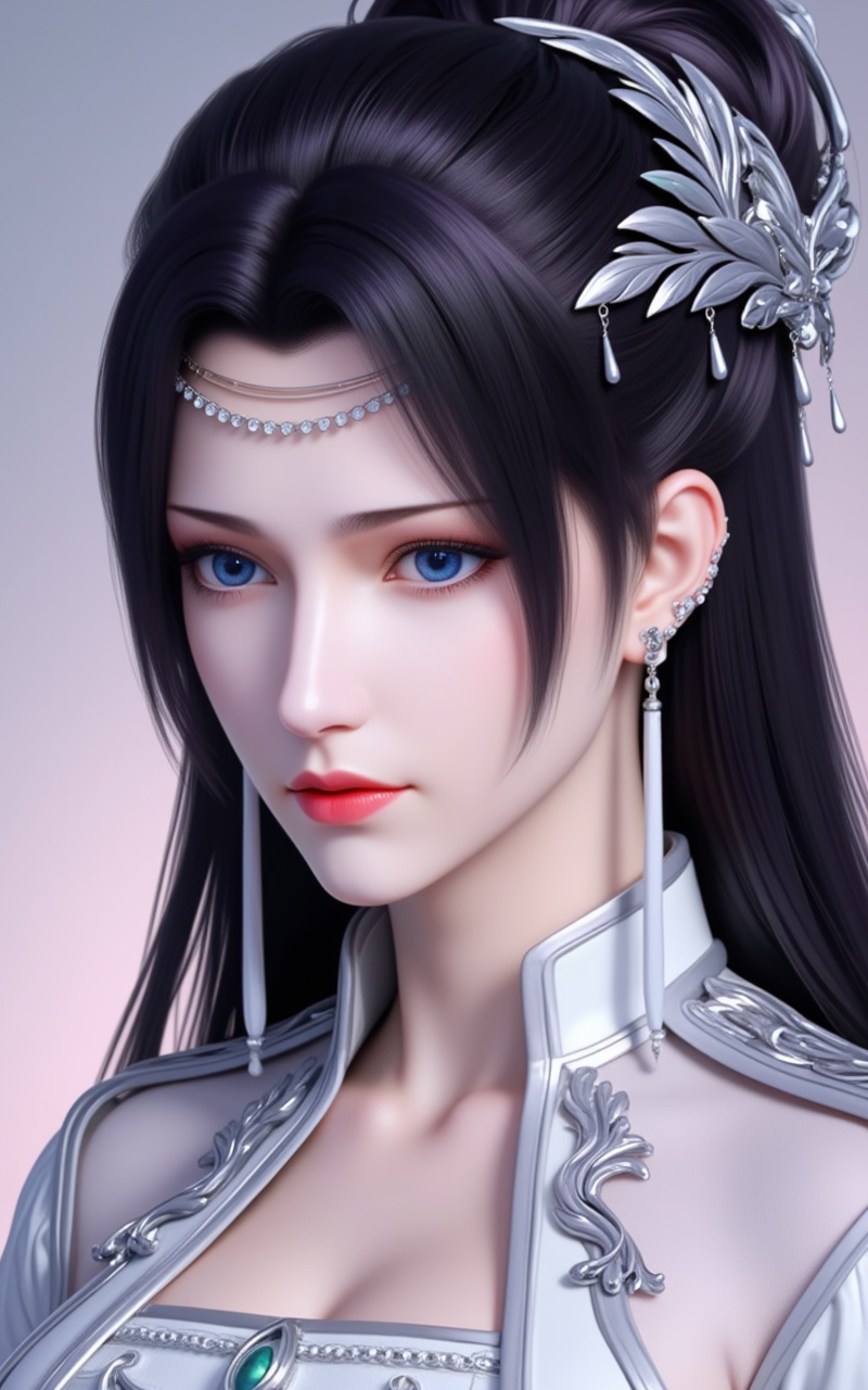 <lora:云韵泛化版·5:1.1>,yunyun,1girl,solo,black hair,jewelry,earrings,long hair,hair ornament,closed mouth,blue eyes,hair bun,cover,gradient background,close-up details,outstanding style,adding a touch of dimension to your images without compromising details,close-up,<lora:DJ滤镜_2.5D版:0.3>,lvjing,<lora:油画唯美滤镜15:0.2>,