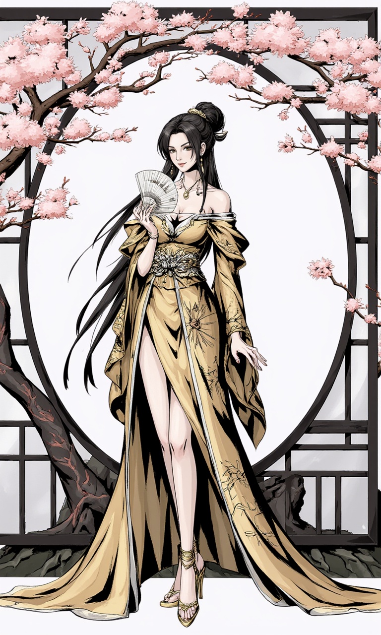 <lora:flux-lora-000010:1>,This is a digital artwork featuring a stunning woman standing confidently in a traditional Japanese setting. She has long, flowing black hair styled in an elegant updo, with loose strands framing her face. Her skin is fair and smooth, and she has a poised expression with a slight, enigmatic smile. She is dressed in a luxurious, off-the-shoulder kimono that is primarily gold with intricate black patterns. The kimono is adorned with delicate, sparkling embellishments that catch the light, adding a touch of glamour. The fabric appears to be silk, with a smooth texture that drapes gracefully around her.The kimono has a high slit on one side, revealing her thigh, and is fastened with an ornate belt. She is wearing gold high-heeled sandals with intricate designs, enhancing her tall and slender physique. In her right hand, she holds a traditional Japanese hand fan, which is white with black accents and partially open, suggesting she may have just used it.The background is minimalist, featuring a large, circular, black and white Japanese shoji screen that frames the image. The screen is partially obscured by the branches of a cherry blossom tree, with pink flowers in full bloom. The branches extend outward from the center of the screen, adding a touch of nature to the scene. The overall composition is balanced and visually striking, with a harmonious blend of traditional Japanese elements and modern digital artistry. The image evokes a sense of elegance, grace, and cultural heritage.