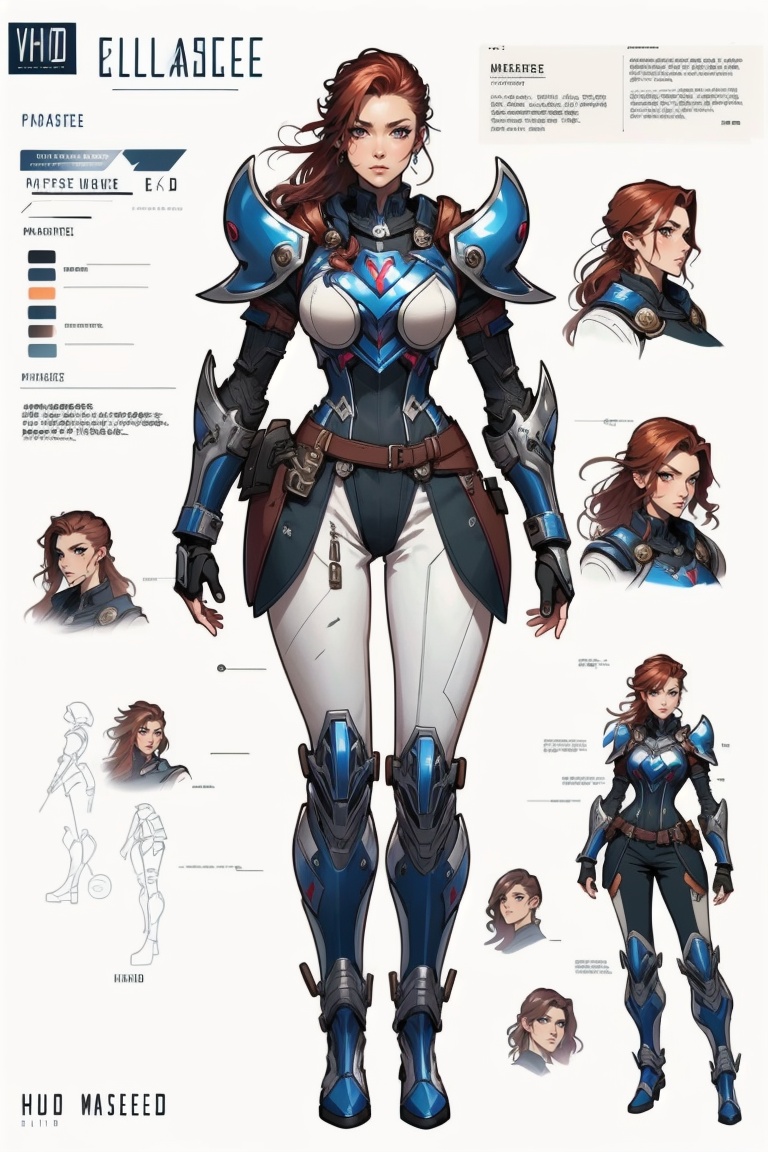((HRD, HUD, 8K)),((masterpiece, best quality)), highly detailed,game character design,multiple views, reference sheet, simple background, white background, concept art, 1girl, long hair, red hair, brown hair, brown eyes, lips,breasts, medium breasts,armor, bodysuit, shoulder armor, pauldrons, breastplate, power armor, high heels, <lora:20231226-1703587104099:1>