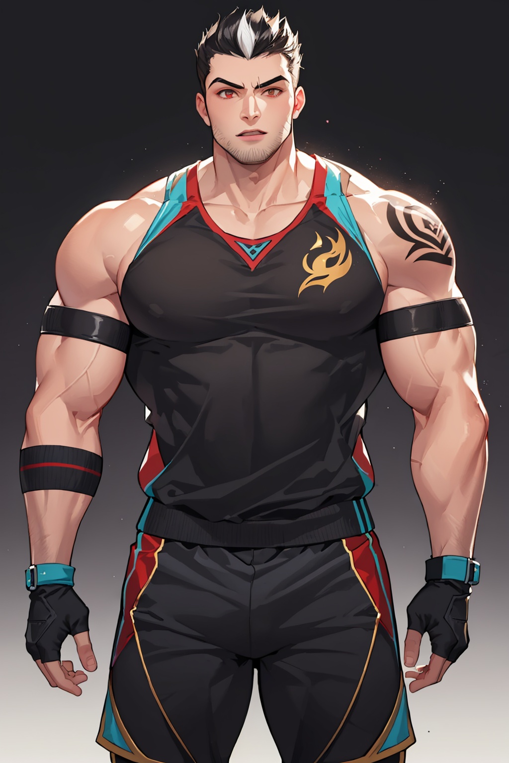 masterpiece,best quality, highly detailed, darius (league of legends), muscular male, bara, 2boys, black **** top, fingerless gloves, thick thighs, colored skin, yaoi, large pectorals, black shorts, bulge, tattoo,<lora:darius_(league_of_legends):1>