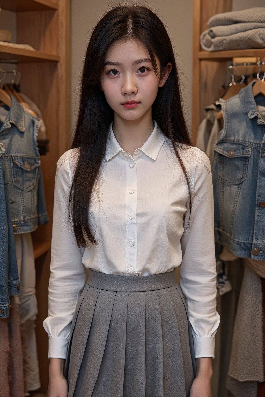 A photograph of an East Asian woman with long,  straight black hair and pale skin,  wearing a white button-up blouse and a...