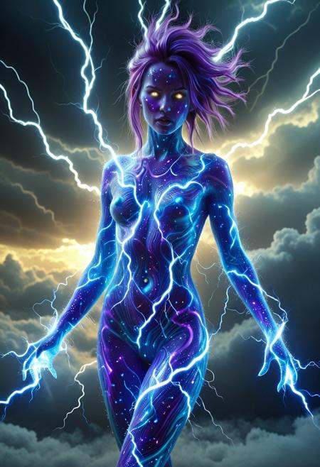 Stable_Yogis_PDXL_Positives2, lthndrtrl, electric elemental woman, cloud skin, body made of dark storm, clouds, hair made of purple and blue and silver lightning thunder trails, 1girl, small breasts, melody, hair ornament, multicolored hair, purple hair, sidelocks, streaked hair, triangle hair ornament, two-tone hair, aqua eyes, naked, ((hair made of lightning)) (naked) ultra-realistic, electricity aura, glowing skin, crackling energy veins, (lightning tendrils),  blue and white energy pulses, ethereal glow, photorealistic textures, intricate costume design, glowing tattoos, high-voltage aura, piercing eyes, stormy sky background, dramatic lighting, strong rim lighting, electric hair, hyper detailed skin, cinematic atmosphere, fine details, dynamic pose, masterpiece, 8k, award-winning photography, realistic lighting and reflections(hyperrealism), (complex lighting), (cinematic focus), (depth of field) 