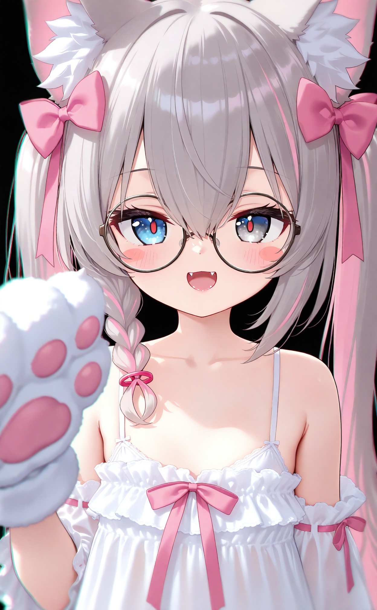masterpiece,absurdres,best quality,high quality,chromatic_aberration,loli,//,1girl,fangs,animal_ear_fluff,solo,hair_bow,animal_ears,hair_between_eyes,bow,pink_bow,smile,braid,bare_shoulders,gloves,glasses,animal_hands,twintails,:d,looking_at_viewer,long_hair,grey_hair,dress,collarbone,multicolored_hair,paw_gloves,upper_body,black_background,semi-rimless_eyewear,white_gloves,white_bra,depth_of_field,blush,pink_hair,blue_eyes,bra,single_braid,white_dress,under-rim_eyewear,open_mouth,white_camisole,sleeveless_dress,underwear,blurry,cat_ears,streaked_hair,frills,blush_stickers,red_pupils,black-framed_eyewear,grey_eyes,camisole,sleeveless,detached_sleeves,round_eyewear,simple_background,pink_ribbon,hand_up,//,<lora:nyalia917——【NOOB】hans:0.8>,