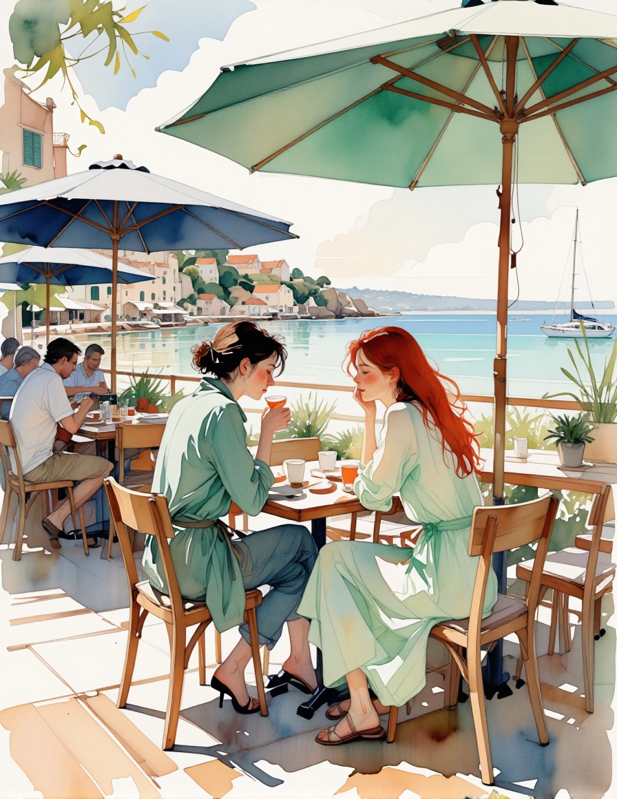 VarcoterolV7 art style — A watercolor-style digital painting of two women sitting at a small wooden table on a sunlit seas...