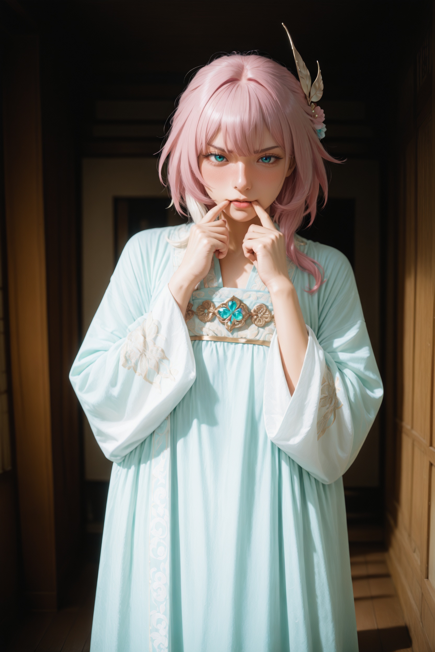 (realistic),(photorealistic:0.9),detailed,official wallpaper,newest,photo-referenced,.,.,general,.,.,1girl,feet out of frame,full-face blush,angry,jewelry,traditional chinese hanfu,indoors,day,cyrene \(honkai: star rail\),nose picking,, very aesthetic, masterpiece, highres, absurdres,, RAW candid cinema, 16mm, color graded portra 400 film, remarkable color, ultra realistic, textured skin, remarkable detailed pupils, realistic dull skin noise, visible skin detail, skin fuzz, dry skin,