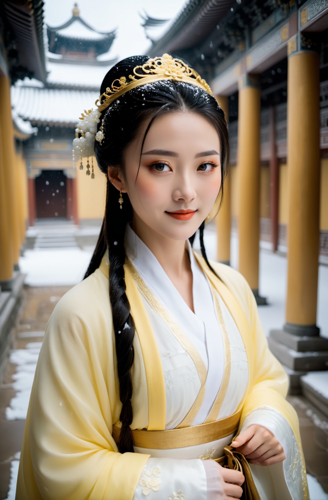 cinematic photo A Chinese (makeup) girl wearing a gorgeous white Hanfu and light yellow coat walks in an ancient palace un...