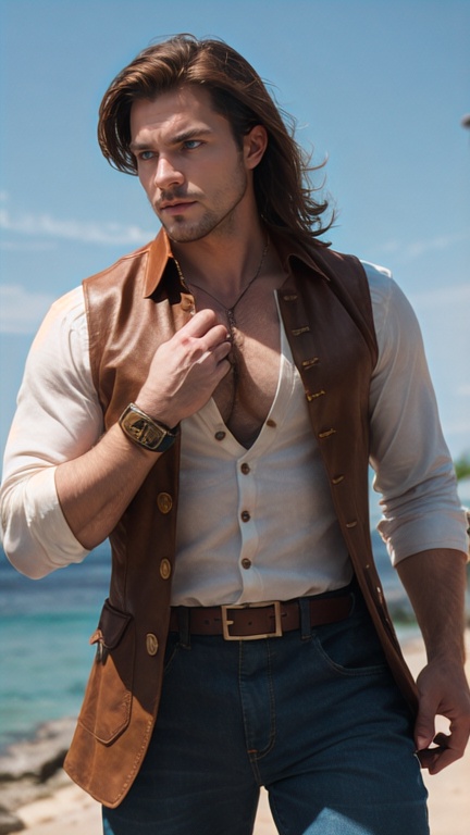 Holding a rapier an ***** male pirate with long swept back brown hair,  light blue eyes,  stumbled facial hair on Tensor.Art