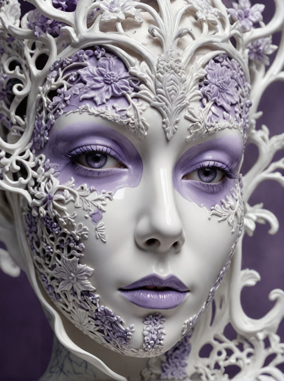 abstract style Close-up porcelain mask,  mysterious silhouette of a porcelain woman,  white and lilac porcelain on Tensor.Art