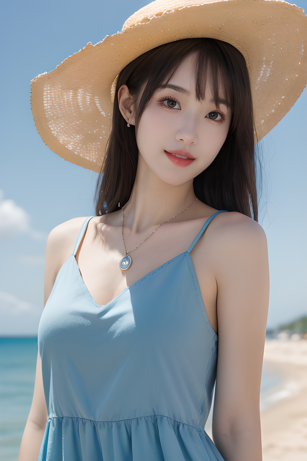 <lora:0811_03:0.7>,araffe girl with long hair wearing a straw hat and blue dress, 1girl, solo, hat, straw hat, long hair, looking at viewer, necklace, jewelry, heart necklace, smile, heart, brown hair, bangs, day, beach, outdoors, upper body, black hair, sunlight, closed mouth, swimsuit, selfie, sky, ocean,, 1girl,realistic,masterpiece, best quality, photorealistic, HDR,detail