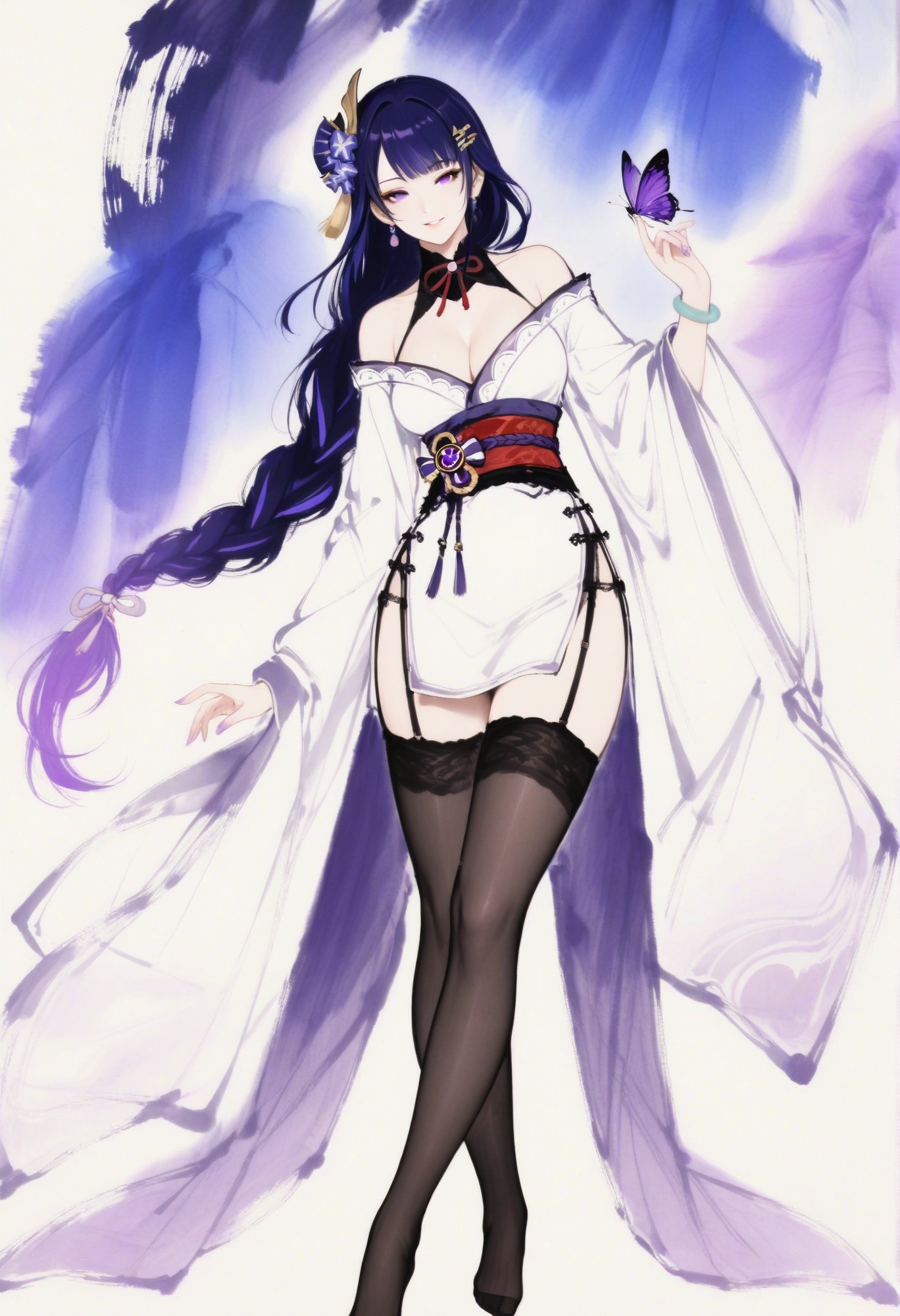 xieyi,masterpiece,best quality,amazing quality,very aesthetic,sharp focus,high-end texture,(very awa,year 2024,newest,highres,absurdres),raiden shogun_(genshin_impact),1girl,solo,long hair,narrow waist,long eyelashes,earring,smile,looking at viewer,dress,seductive smile,parted lips,jewelry,hair clip,bracelet,hair ornament,flower,***,butterfly,ace-trim,garter straps,full body,dynamic pose,off shoulder,thighhighs,long_sleeves,chinese_clothes,white hanfu,plantain leaf,