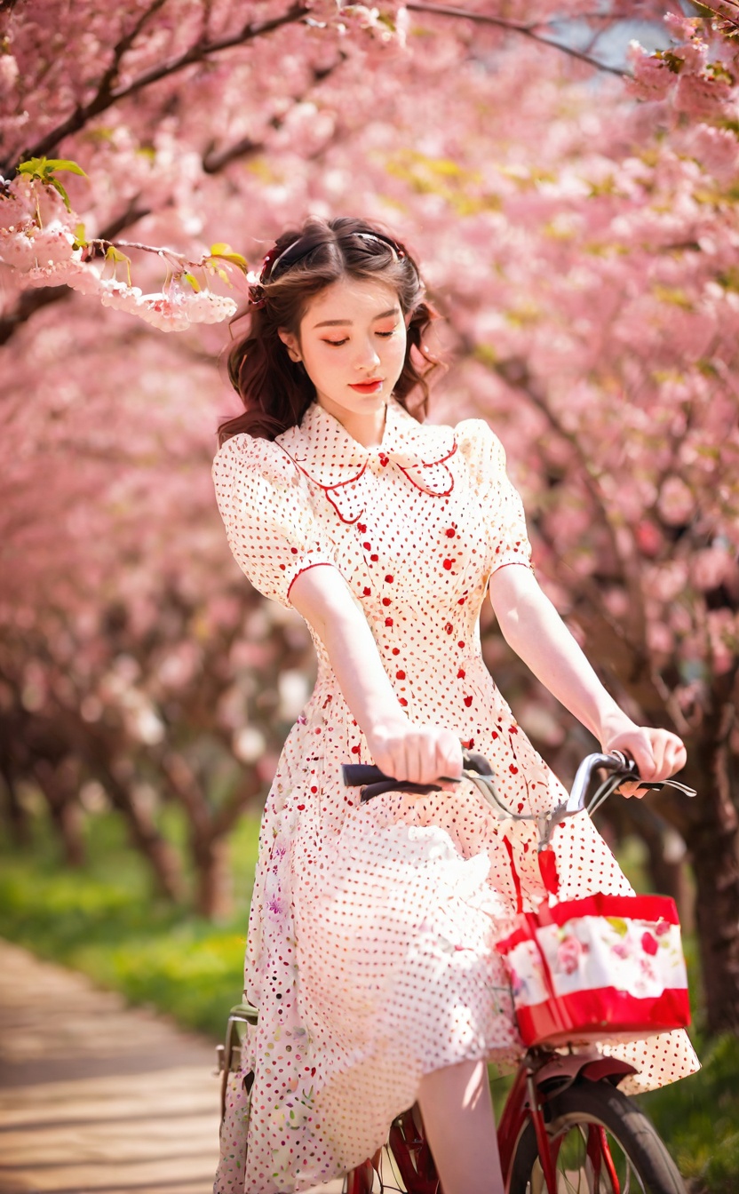 mugglelight,a girl in a vintage polka-dot dress enjoying a bike ride through a blooming cherry blossom alley,1girl,solo,vintage dress,bike ride,cherry blossoms,spring,petals,outdoors,(close up:1.4)