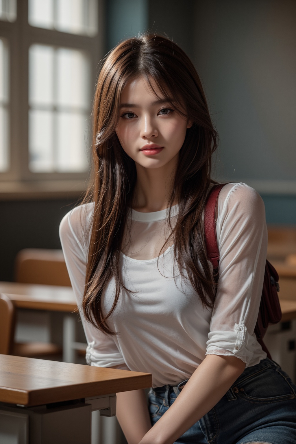 beautiful 18-year-old student girl with alluring eyes on classroom,  cute pose,  super model on Tensor.Art