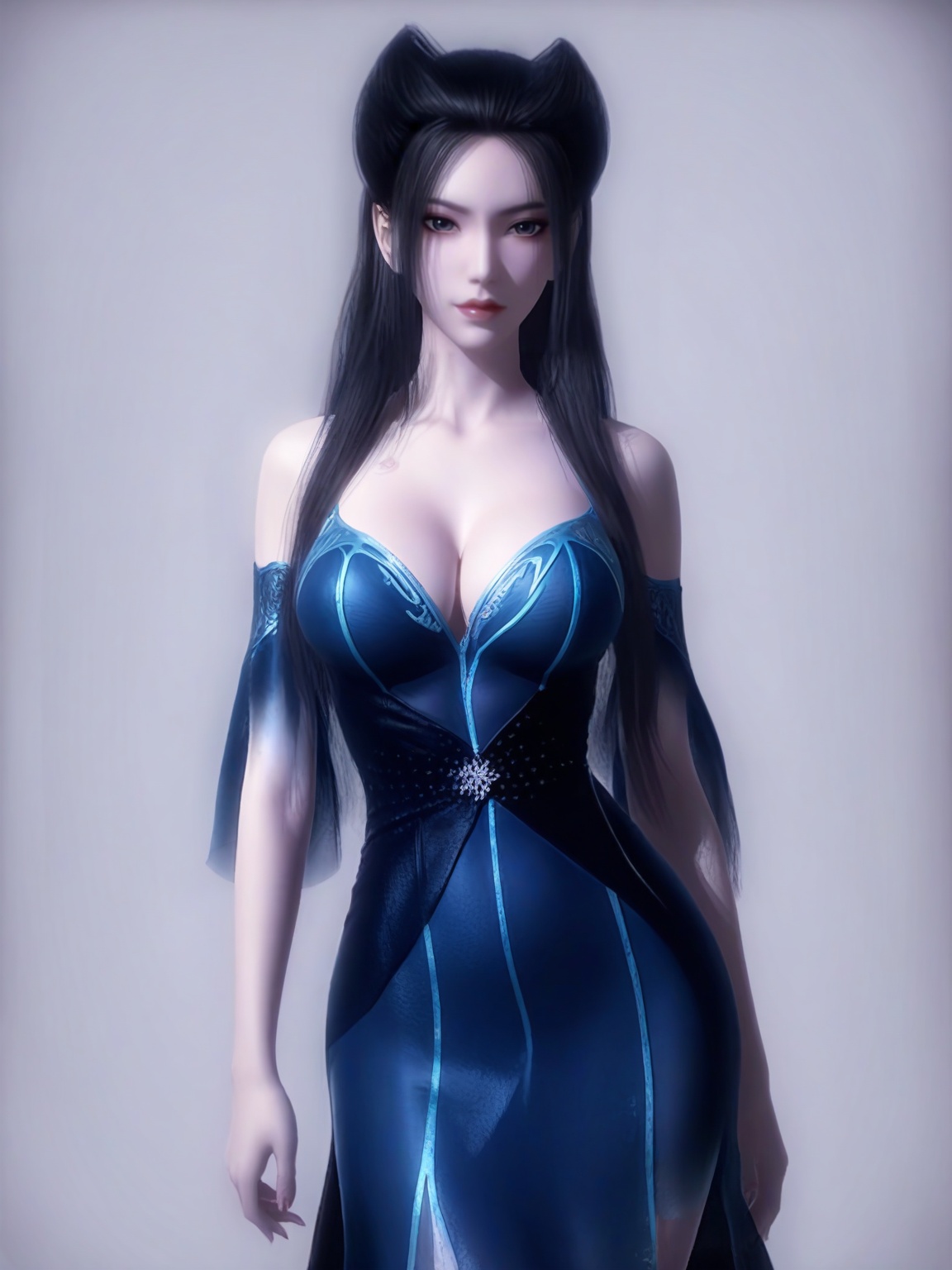 score_9,<lora:SF_YanLingJiBlueDress_Pony_Realism2.3-000004:0.7>,1girl,solo,standing,blue dress,breasts,large breasts,highleg,red lips,jewelry,raw lighting,looking at viewer,white background,simple background,