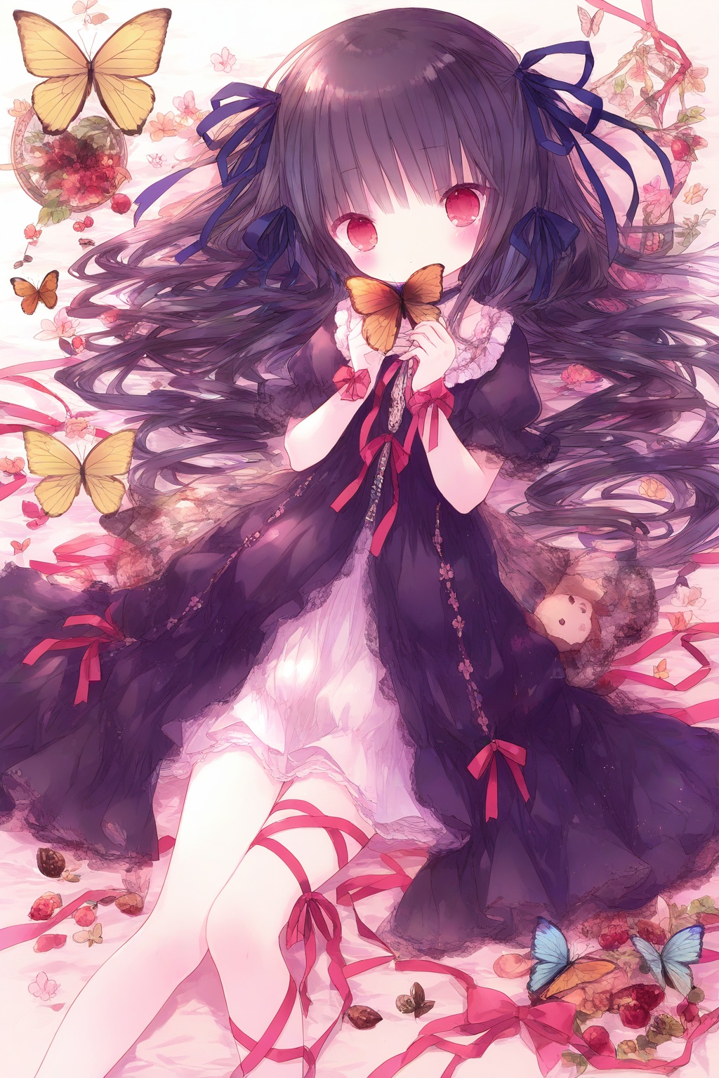 1girl, loli, black hair, dress, long hair, ribbon, butterfly, hair ribbon, red eyes, blush