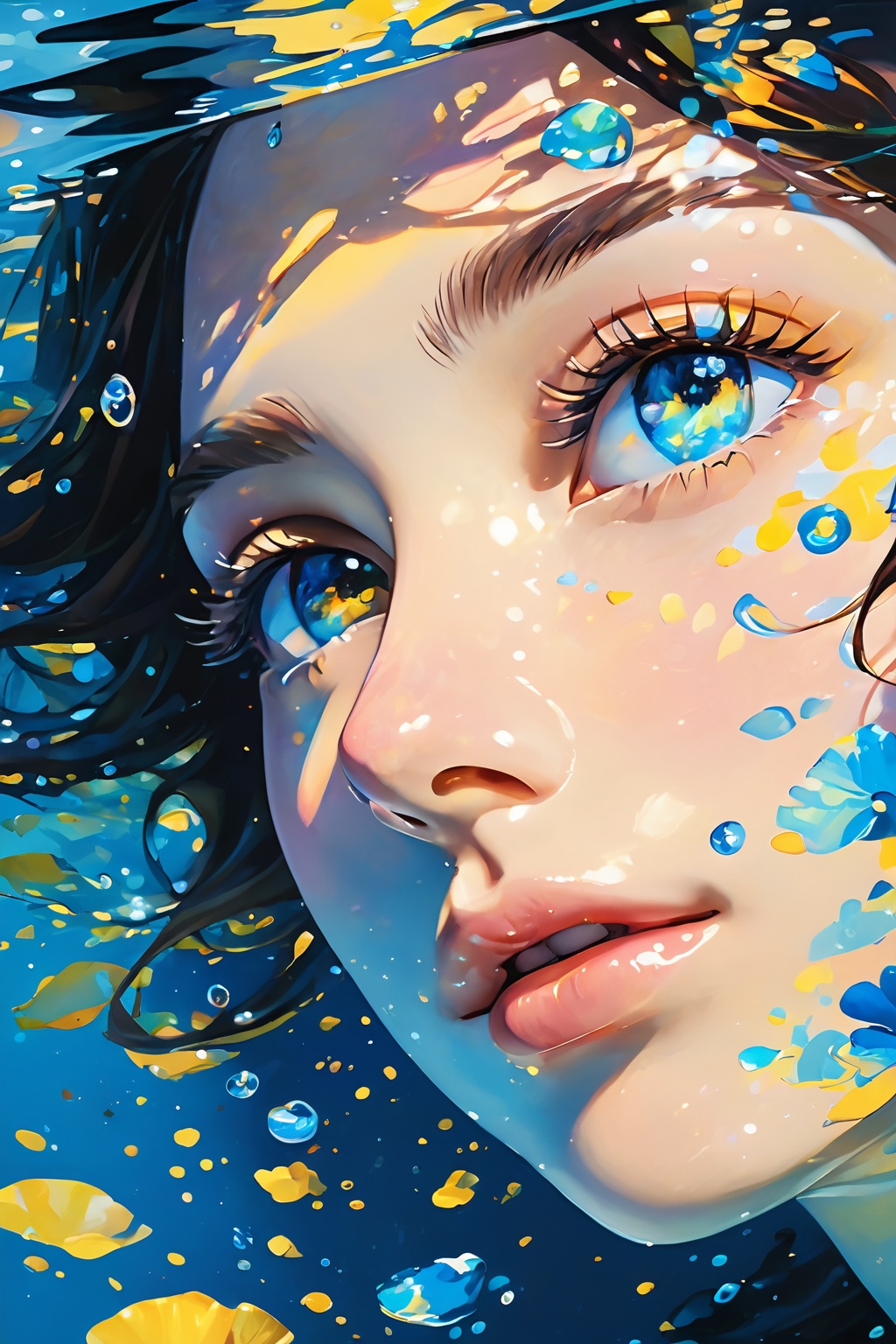 girl swims underwater,hyper detailed render style,glow,yellow,blue,brush,surreal oil painting,shiny eyes,head closeup,exaggerated perspective,tyndall effect,water drops,mother of pearl iridescence,holographic white,black background, <lora:20240510-1715326285381:0.7>