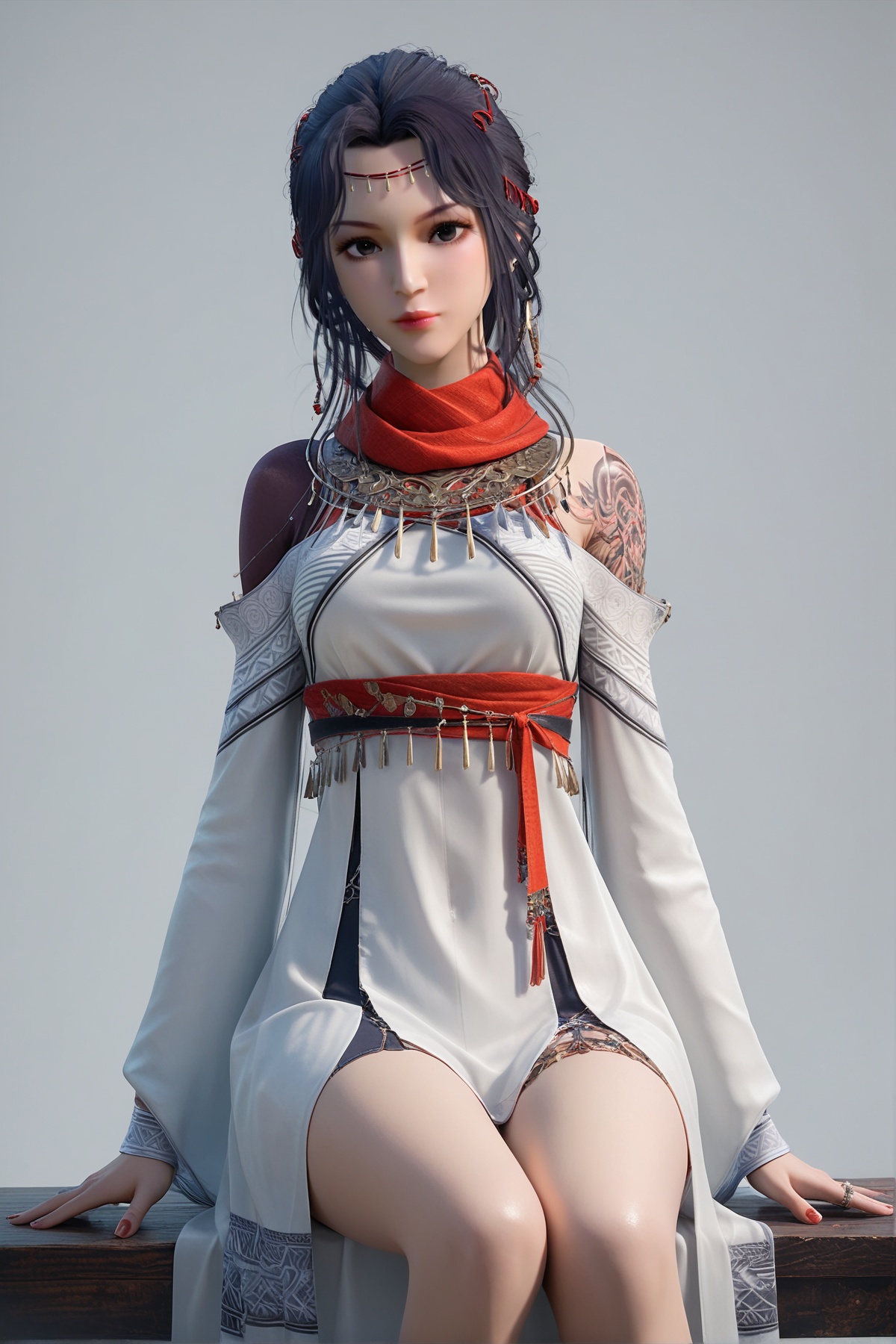 score_9,score_8_up,score_7_up,<lora:wy_xiancan_XLdz:0.8>,1girl,solo,long hair,black hair,black eyes,dress,tattoo,hair_ornament,simple background,white_background,red scarf,scarf,jewelry,circlet,thick_thighs,sitting,