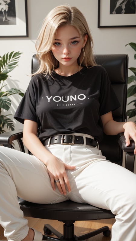 score_9, score_8_up, score_8, score_7_up, score_7,Girl, 25yo, sitting in a chair, medium breast, legs spread, correct hands, five fingers,black oversized T-shirt, white trousers, black belt