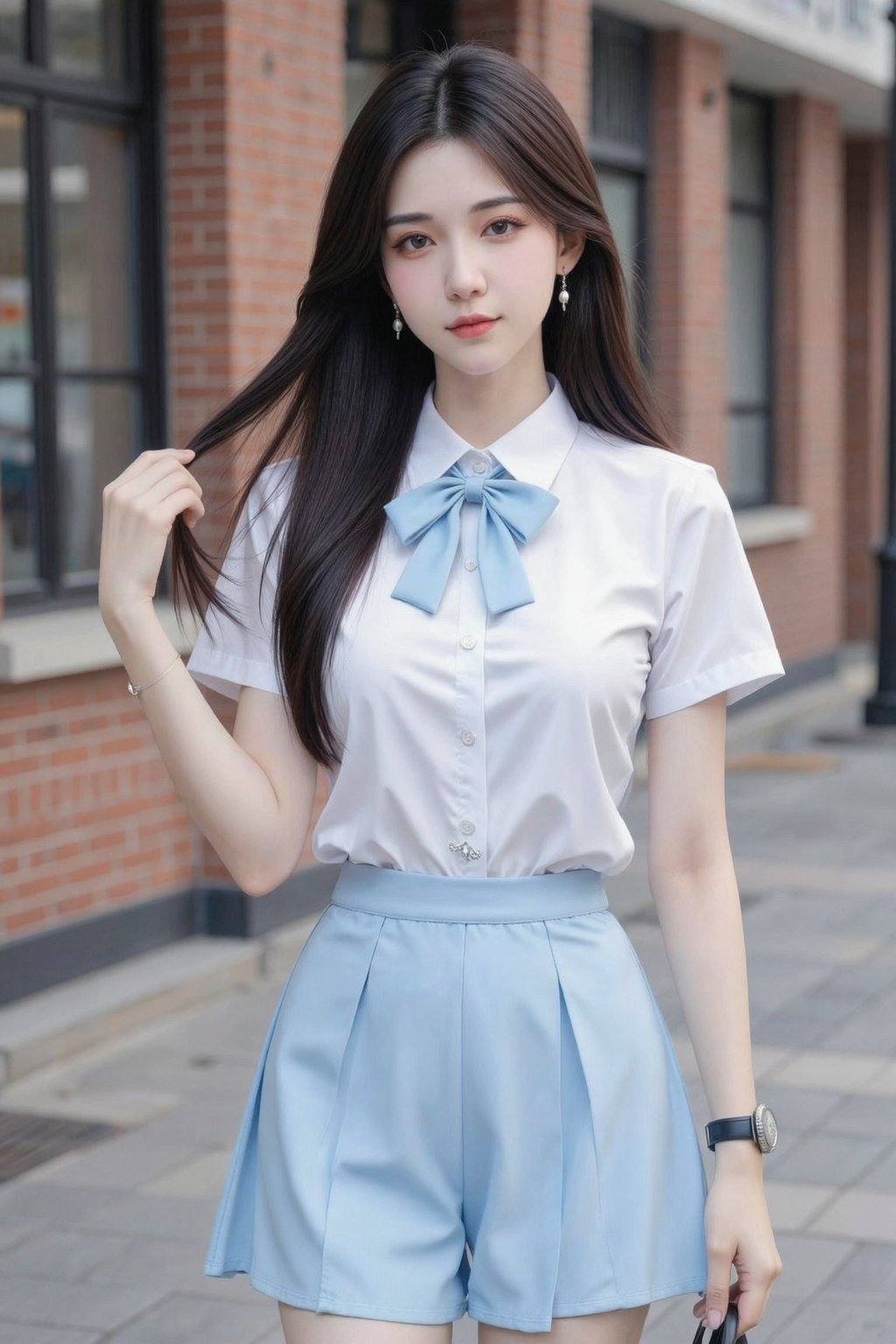 This is a highly detailed, realistic photograph of an Asian woman with fair skin and long, straight black hair. She wears a white short-sleeved blouse with a light blue bow tie and a matching light blue pleated skirt. Her blouse has a small, silver triangular emblem near the waist. She has delicate makeup with pink lipstick and subtle eye makeup. She holds a strand of her hair with her right hand and wears a black wristwatch on her left wrist. The background features a brick building with large windows and a sidewalk. The image has a soft, natural light, and the overall style is modern and fashionable. <lora:20251228_TinZ-ImageCheongsamLora10:1>