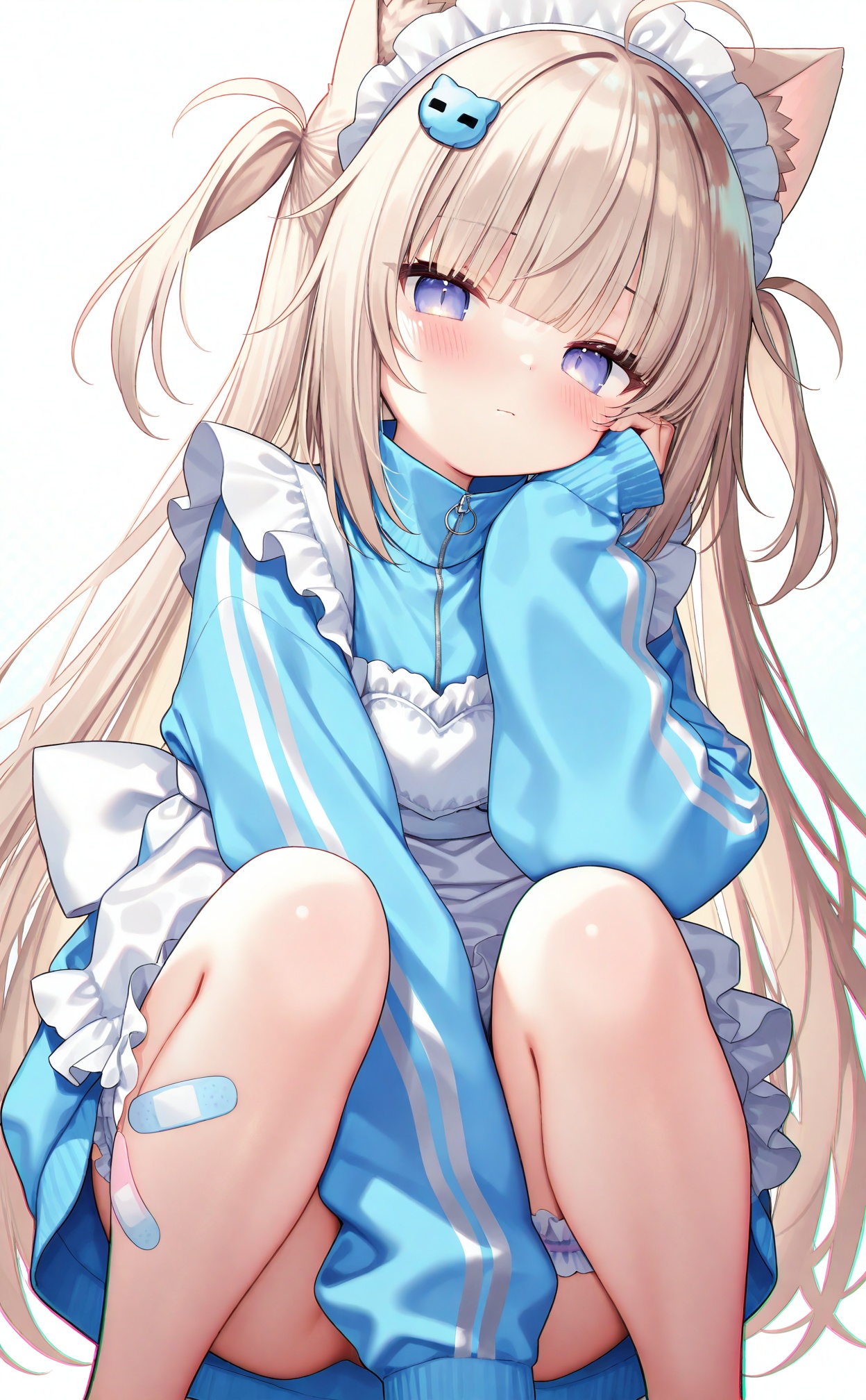 masterpiece,absurdres,best quality,high quality,chromatic_aberration,loli,//,1girl,bandaid on leg,unconventional maid,maid headdress,animal ears,track jacket,bandaid on knee,sleeves past wrists,bandaid,jacket,solo,blue jacket,sleeves past fingers,looking at viewer,long hair,maid,cat hair ornament,cat ears,bridal garter,long sleeves,squatting,blush,hair ornament,hand on own face,ahoge,hand on own cheek,animal ear fluff,purple eyes,closed mouth,apron,white background,blue eyes,blunt bangs,white apron,virtual youtuber,two side up,light brown hair,frills,very long hair,feet out of frame,simple background,cat girl,turtleneck jacket,maid apron,blonde hair,head rest,halftone,//,<lora:nyalia917——【NOOB】hans:0.8>,