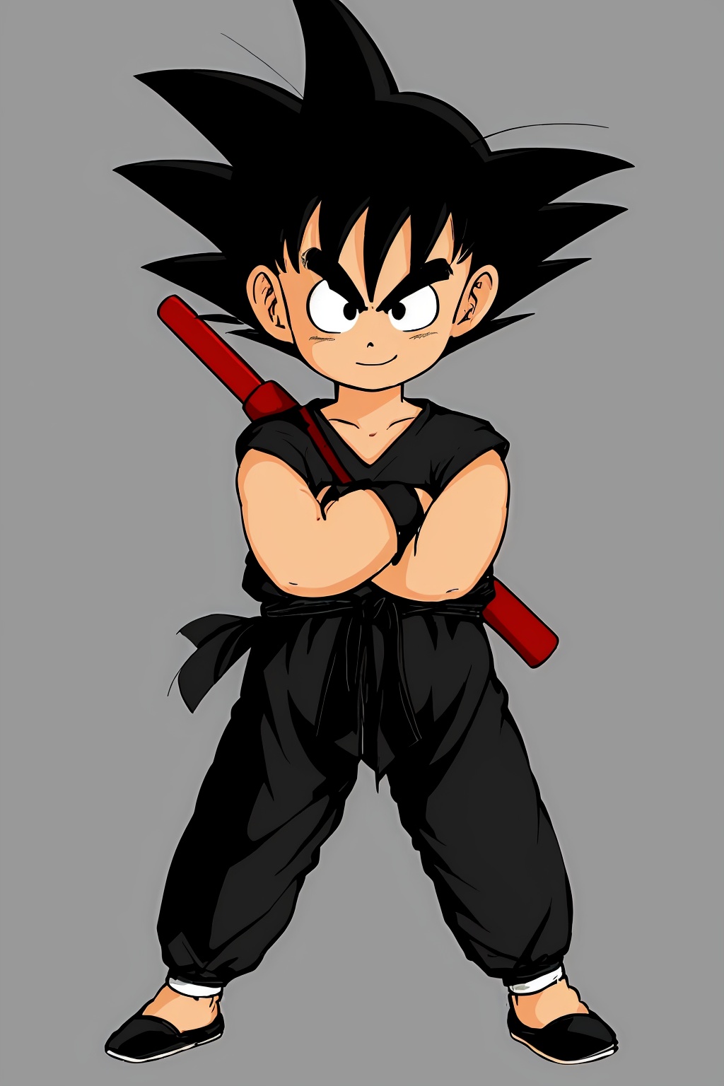 1 boy,1boy,black background,black eyes,black hair,closed mouth,crossed arms,dougi,grey background,happy,looking at viewer,male focus,moon,simple background,smile,solo,son goku,spiked hair,standing,wristband，<lora:蔚蓝Blue小悟空2.0:0.8>