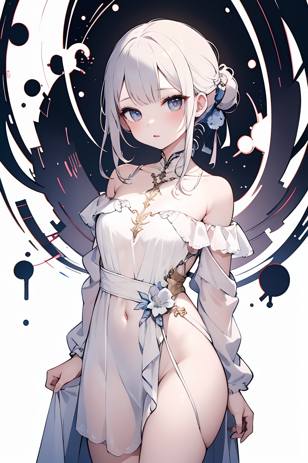 (masterpiece:1.2),extremely high quality,1girl,solo,medium breasts,off-shoulder_dress,looking at viewer,bare shoulders,standing,cowboy shot,hair bun,white background,simple background,<lora:lbc_shaxian_dress:0.8>,