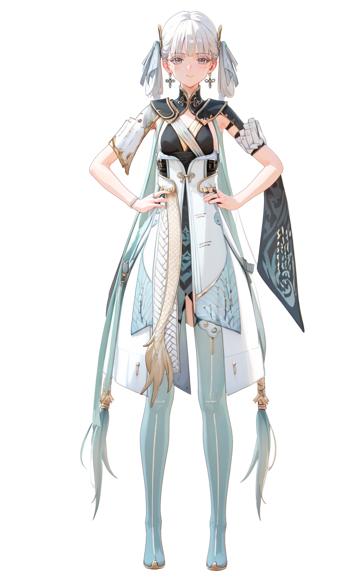 score_9, score_8_up, score_7_up, 8k, best quality, masterpiece, (ultra-detailed), (high detailed skin), (white background:1.3), (full body:1.2), (white background), standing, looking at viewer, (solo:1.2), hands on hips, <lora:Jinxi-pony-Tanger:0.8>, Jinxi, Jinxi's def clothes, 1girl, jewelry, dress, long hair, white hair, mole under eye, (beautiful_face), ((intricate_detail)), clear face, pale skin, ((finely_detailed)), fine_fabric_emphasis, ((glossy)), full_shot, 