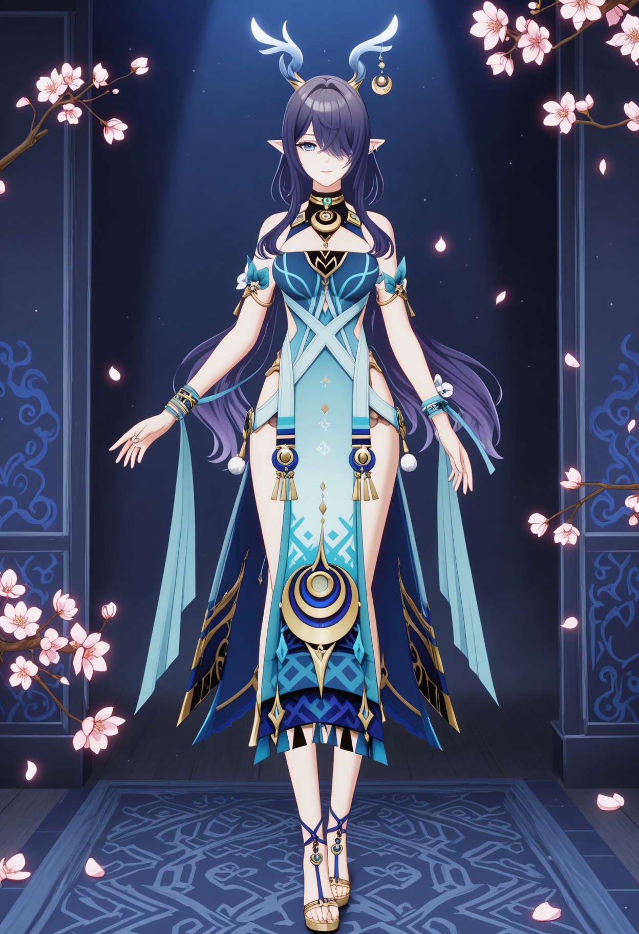 (full_body:1.4),(looking at viewer:1.1),facing viewer,direct gaze,(masterpiece:1.1),(best quality:1.2),(intricate details),(smog:1.3),(Dark room:1.3),(dim lighting:1.3),peach blossom,falling petals,<lora:YQ_Illustrious光辉v5_菈乌玛_V1:0.8>,1girl,solo,long hair,jewelry,pointy ears,dress,earrings,purple hair,horns,black hair,bracelet,blue eyes,blue hair,sandals,hair ornament,crescent,masterpiece,(best quality),(intricate details:0.9) BREAK (intricate details:0.9),(realistic skin:1.2),masterpiece,best quality,newest,absurdres,hiahres,
