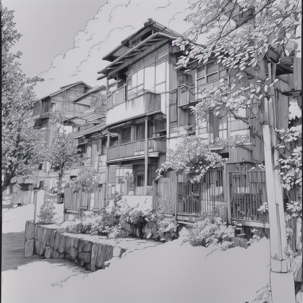 jiedao,greyscale,monochrome,scenery,traditional media,outdoors,<lora:素描街道test-0000010:1>,scenery,building,(blue sky:1.2),daytime,masterpiece,best quality,tree,cloud,, masterpiece, best quality,