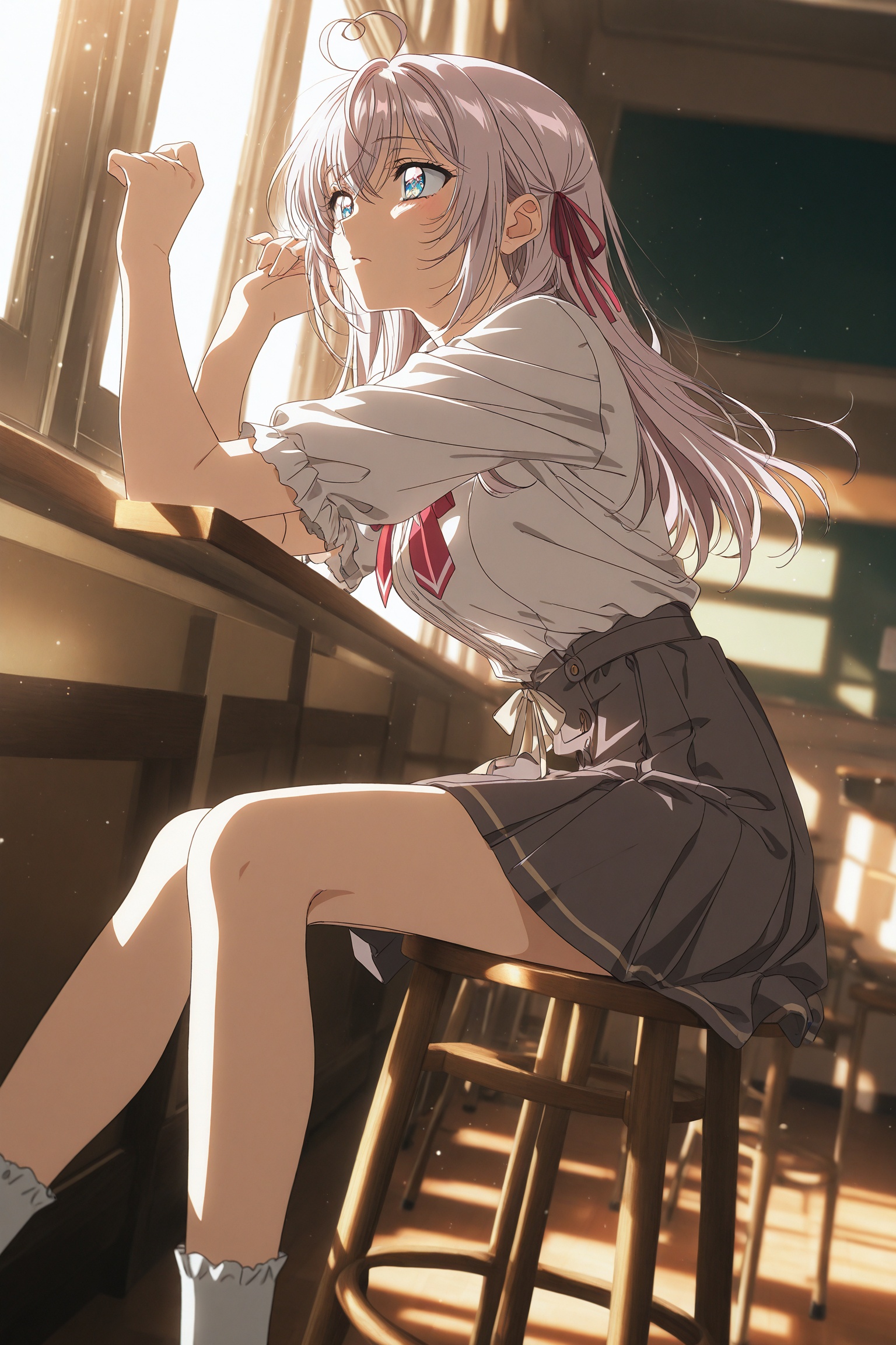 masterpiece,best quality,amazing quality,very aesthetic,absurdres,newest,extreme aesthetic,in the style of fashion photography,light particles,cinematic lighting,Visual impact,sharp focus,Emotionalization,depth of field,dutch angle,scenery,1990s \(style\),anime coloring,Yuuki_Mizuho_OVA,1girl,alisa mikhailovna kujou,tokidoki bosotto roshia-go de dereru tonari no alya-san,in the classroom,sitting on a stool looking out the window,dazed,