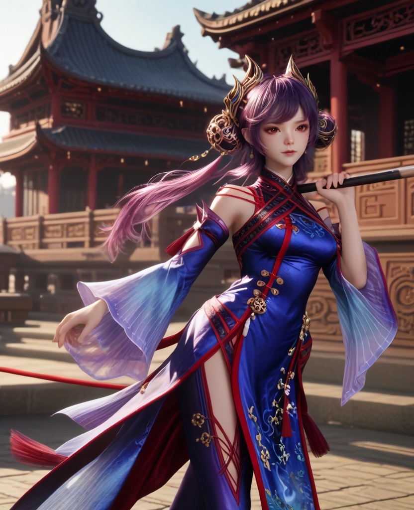 (oriental architecture, elegant decor, sophisticated style:1.1),(drumming:1.1),(breasts:1.2),<lora:XL16牧神记司芸香:0.95>,miss siyunxiang,china dress with blue violet,red eyes,purple hair,double bun,hair ornament,cutout pants,wide cuffs,, score_9,score_8_up,score_7_up,score_6_up,score_5_up,score_4_up,3d rendering,tag1,tag2, Cinematic Lighting,backlighting,