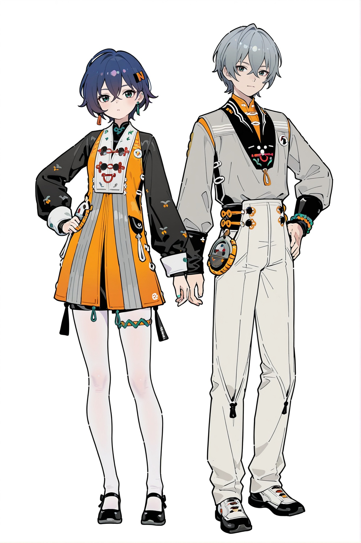 8k,best quality,masterpiece,(ultra-detailed),(high detailed skin),(year 2024:0.8),flat color,artist:maidforge,artist:aqua inc.,artist:edoya inuhachi,artist:reoen,artist:fuzichoco,full body,full shot,standing,looking at viewer,(solo:1.2),simple background,(white background:1.2),hand on own hip,(white background:1.1),Wise and Belle,1boy and 1girl,hand in hand,symmetrical composition,<lora:zhelinew-ill-Tanger:0.8>,Wise \(Zenless Zone Zero\),Wise alternate costume,clothes: Wisenew chinese suit,grey hair,1boy,male focus,black footwear,long sleeves,hair between eyes,jewelry,Wisenew grey shirt,bracelet,Belle \(Zenless Zone Zero\),Belle alternate costume,clothes: Bellenew chinese yellow dress,dark blue hair,white pantyhose,1girl,black footwear,long black sleeves,short hair,hair ornament,