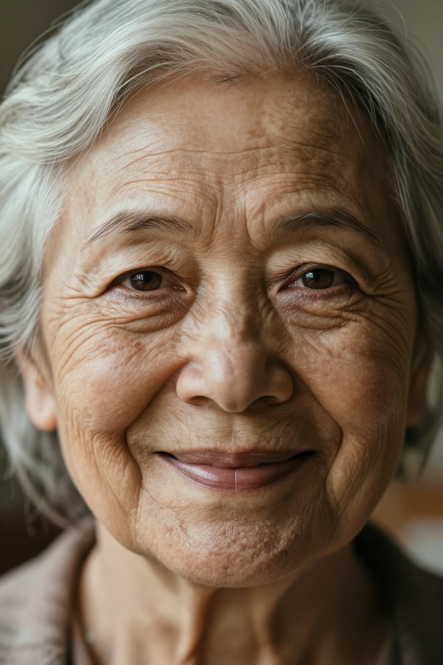 close-up portrait of an elderly woman,  warm smile,  detailed wrinkles on Tensor.Art