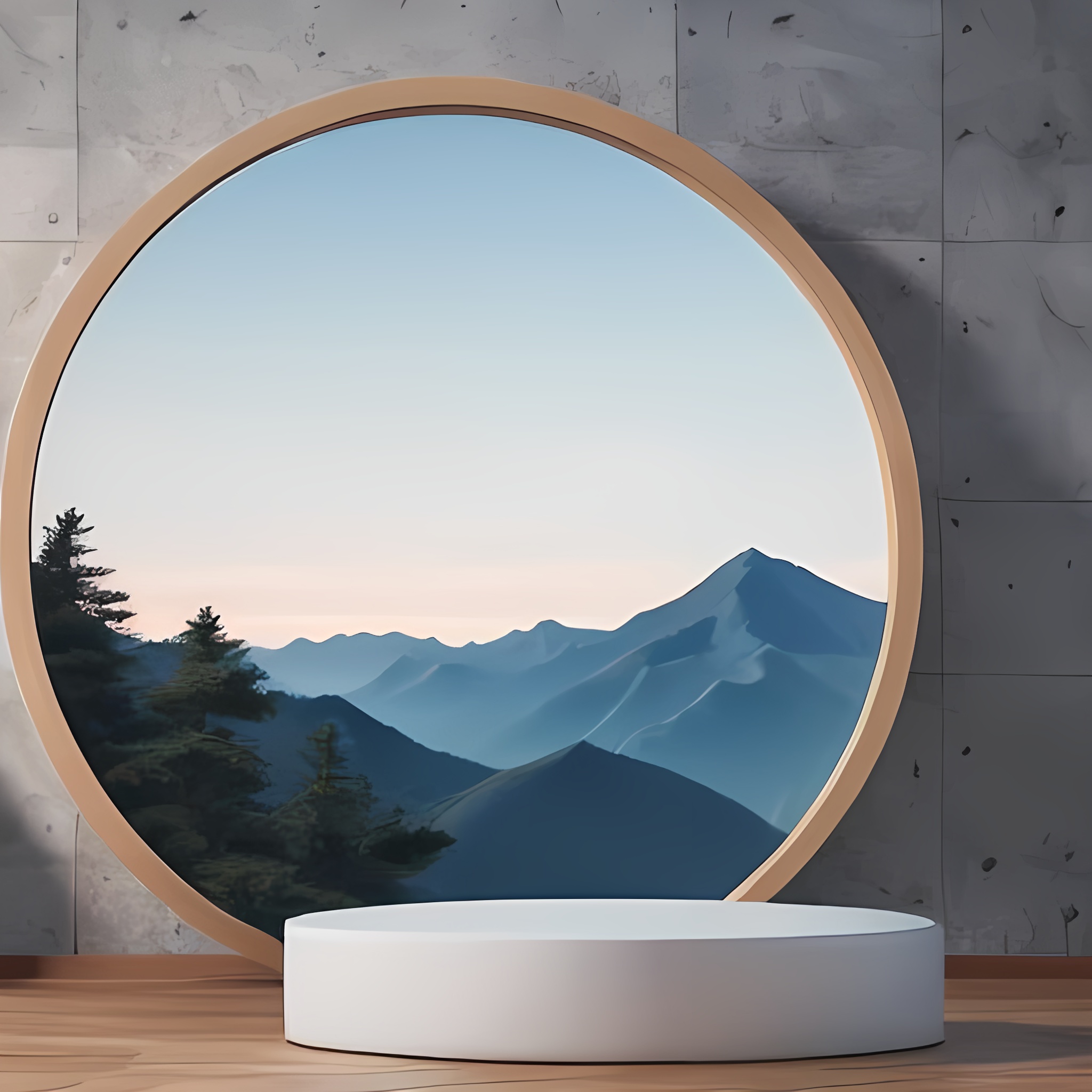 Minimalist chinese background,indoor,guest-greeting pine,round/square flat podium,Mountain,studio lights,stone,A circular screen with a mountain design/A solid color screen,A solid wall/A wall with a mountain pattern,empty flat podium,(best quality:1.2),(extremely detailed CG unity 8k wallpaper) <lora:zhantai-003-000016:0.6>