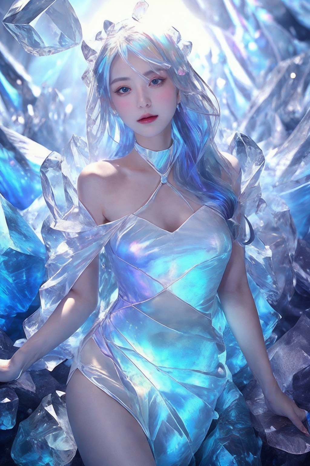 phantasmal iridescent of a beautiful girl,ice queen,cowboy shot,ice queen,,<lora:crystal_20231127214245-000013:0.7>,