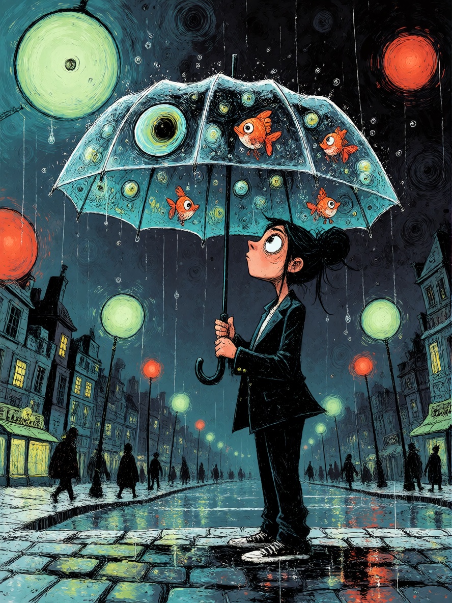 ToonDaal,  An expressive storybook illustration of a wide-eyed young woman in a sharp,  oversized black suit standing in p...
