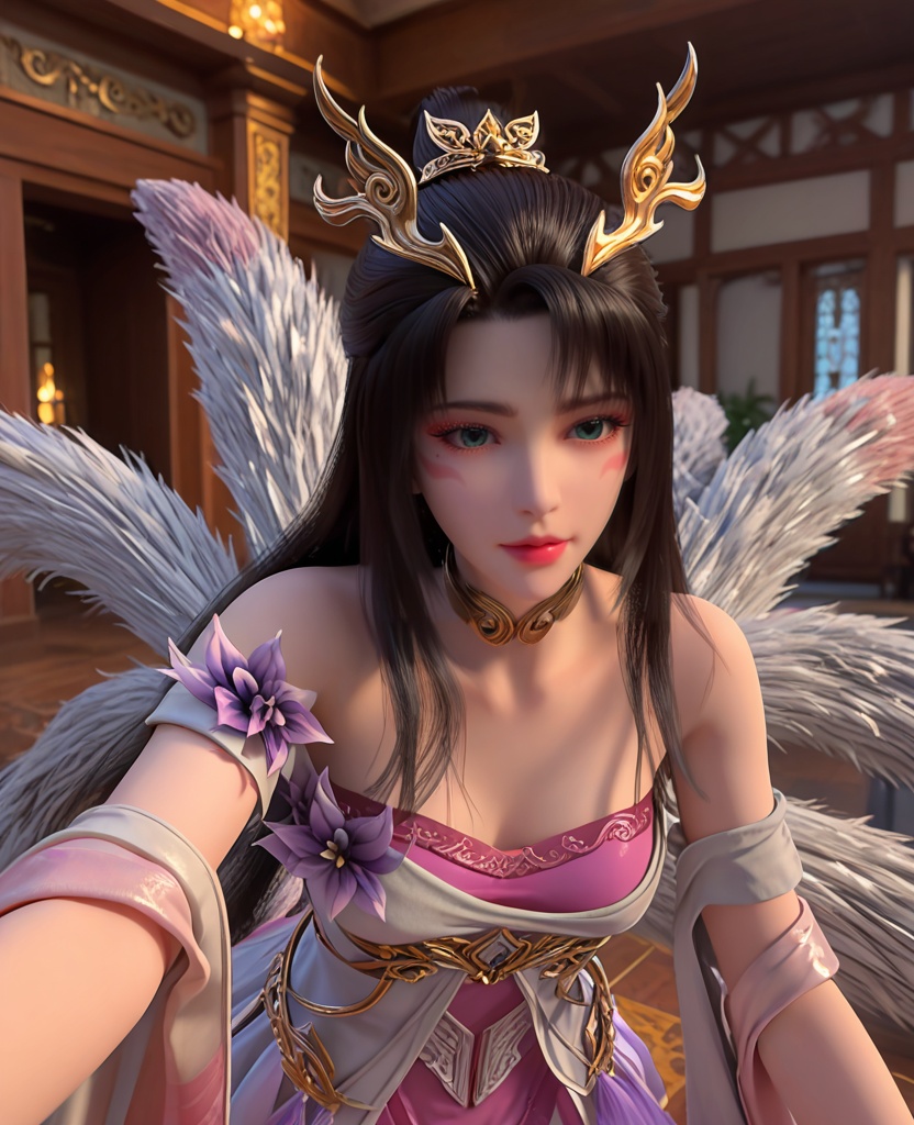 (oriental architecture, elegant decor, sophisticated style:1.1),selfie,hyper realistic gopro action photo,(breasts:1.2),<lora:XL完美世界天狐仙子:0.9>,miss tianhuxianzi,solo,white dress with pink minidress underneath,shawl sleeve,multilayer fart curtain,green eyes,(glittering eyeshadow:1.3),facial mark,mole under right eye,black hair,long hair,hair ornament,half tied ponytail,(hanging hair:1.2),choker,jewelry,four-foxtailed,streaked tail tip,flower ornament of purple,parted lips,, zPDXL2, score_9, score_8_up, score_7_up BREAK realistic, masterpiece,best quality, highly detailed,, zPDXL3, zPDXL2,zPDXL, zPDXLxxx, zPDXLrl,