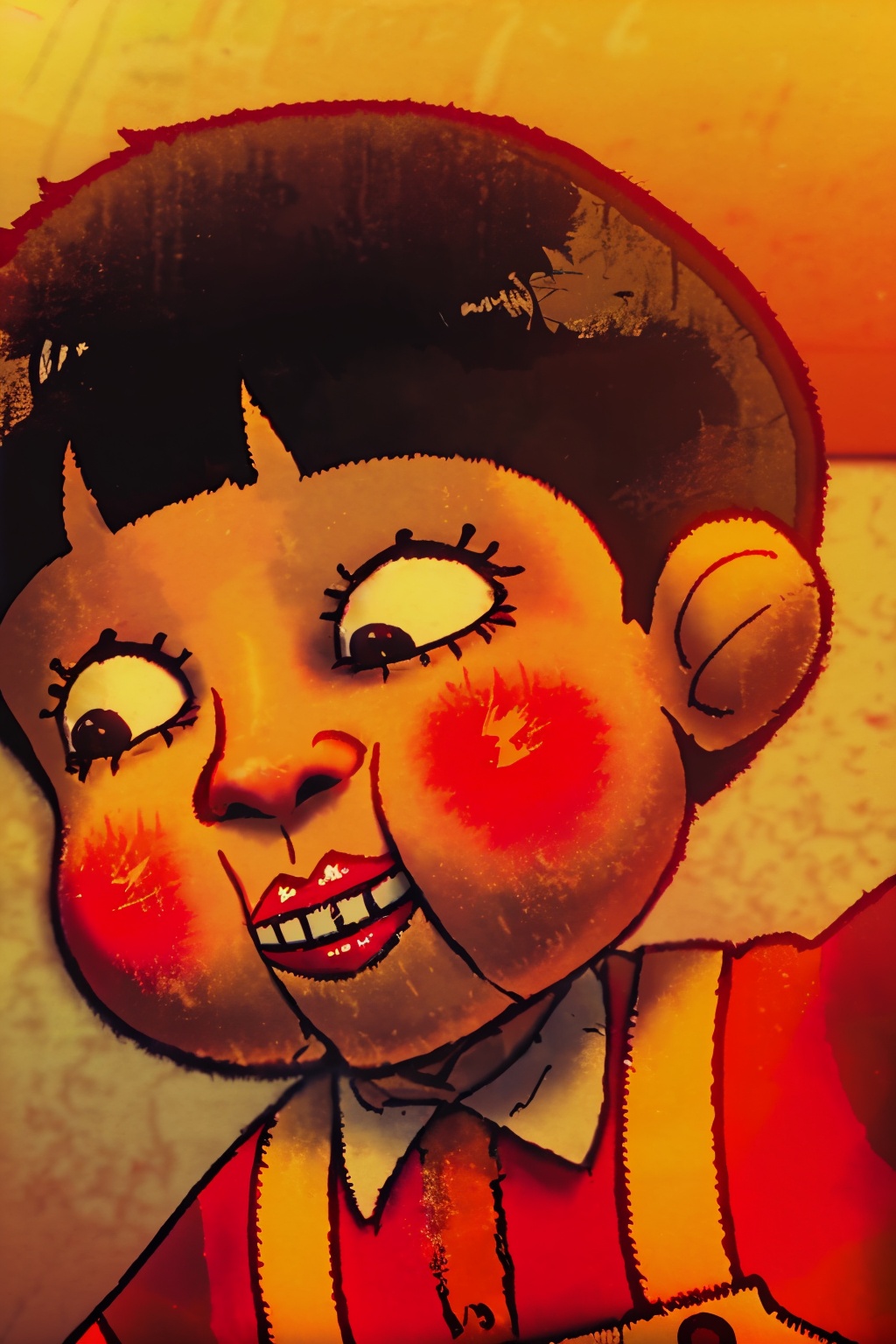 anzhiju_style, a cartoon of a boy with a red nose and a striped shirt on, with a red nose and a striped shirt on, solo, shirt, black hair, 1boy, male focus, teeth, striped, makeup, red shirt, 1girl, upper body, collared shirt, indoors, black eyes, clown