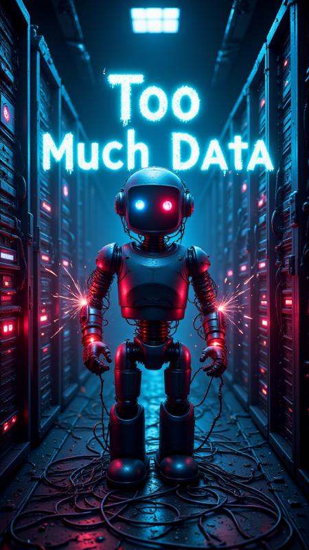 A futuristic robot stands in the middle of a server room,  wires tangled around its arms and legs as sparks fly from its j...