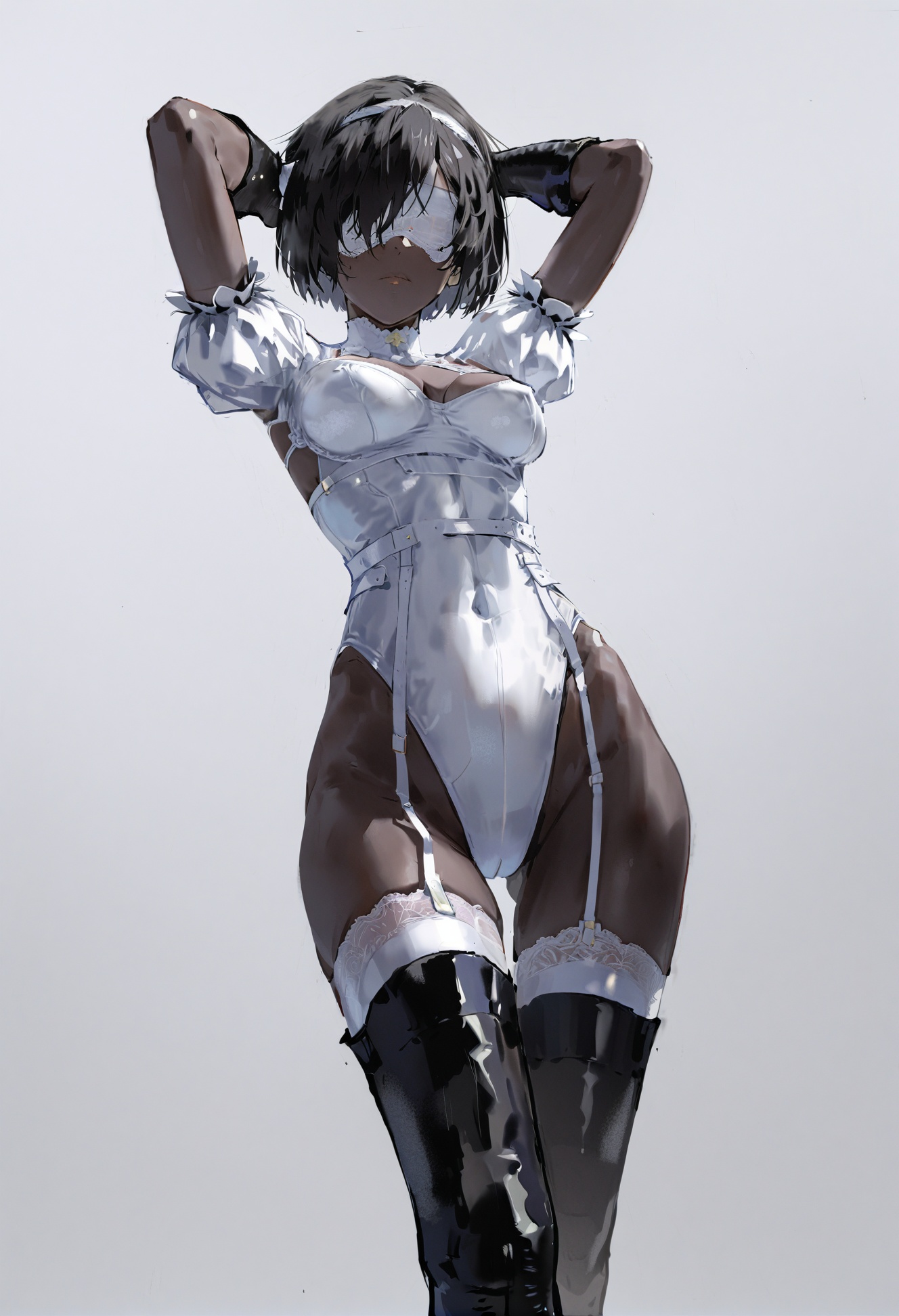 masterpiece, best quality,1girl,   solo, dress, white background, simple background, black hair, short hair, thighhighs, dark-skinned female, white dress, blindfold, puffy sleeves, closed mouth, covered eyes, alternate color, dark skin, boots, gloves, short sleeves, breasts, mole, white leotard, art lingerie, thigh boots, very dark skin, mole on breast, leotard, facing viewer, underwear, arms up, medium breasts, standing, covered navel, garter belt, puffy short sleeves, adapted costume, feet out of frame, revealing clothes <lora:DInoballXLlokr8f-000185:0.95>