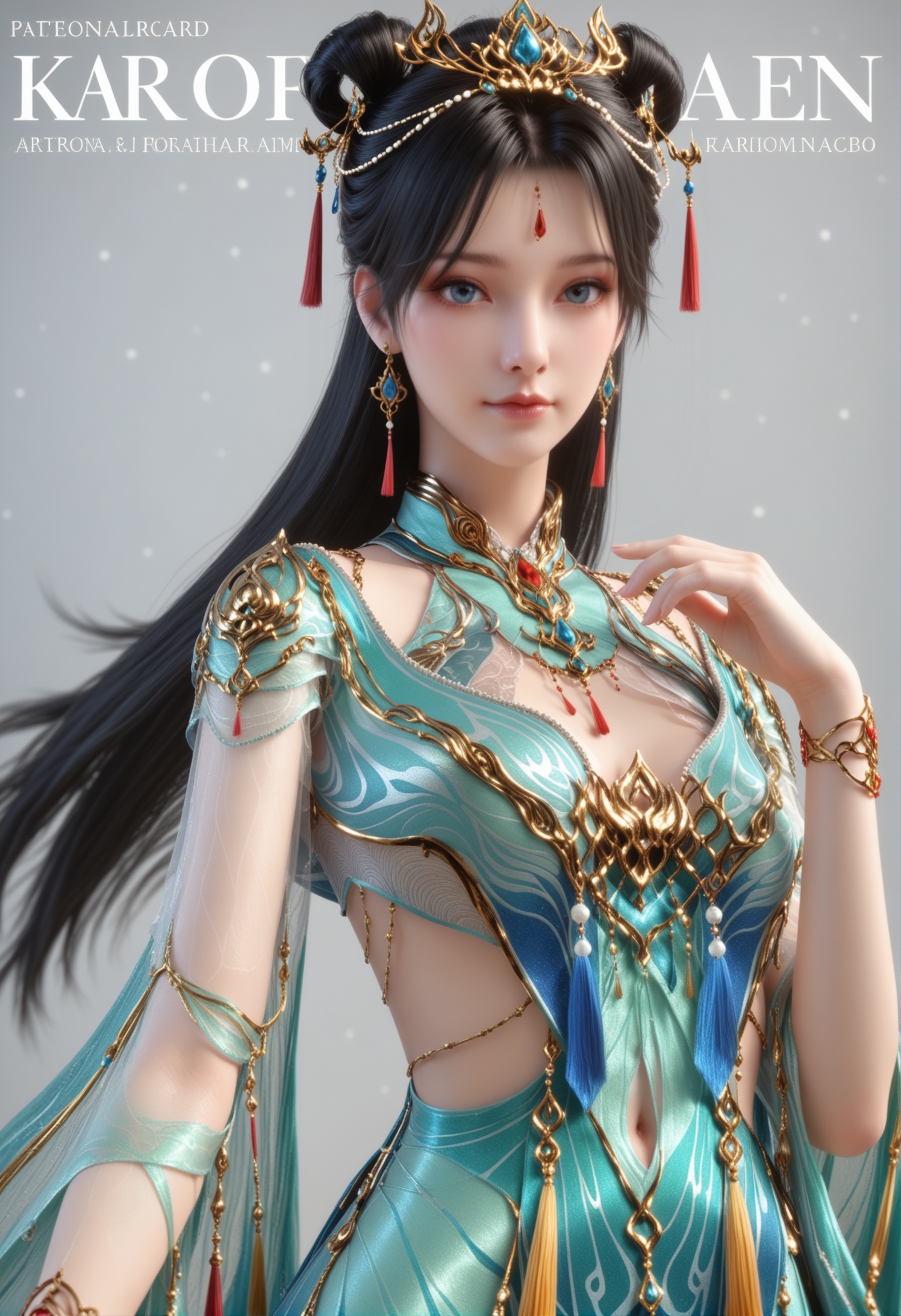 score_9,score_8_up,score_7_up,1girl,solo,realistic,(looking at viewer:1.1),1girl,solo,realistic,dress,(long skirt:1.1),chinese clothes,china dress,green dress,blue dress,beads,see-through sleeves,realistic,jewelry,tiara,hair ornament,necklace,hair rings,earrings,tassel,tassel earrings,bracelet,anklet,1girl,solo,realistic,(mature face:1.2),big eye,(pale_skin:1.1),shiny_skin,slender face,long hair,black hair,hair bun,closed mouth,realistic,solid background,simple background,(magazine cover theme:0.75),(white chair:0.8),<lora:小巳-雒灵pony:0.85>,