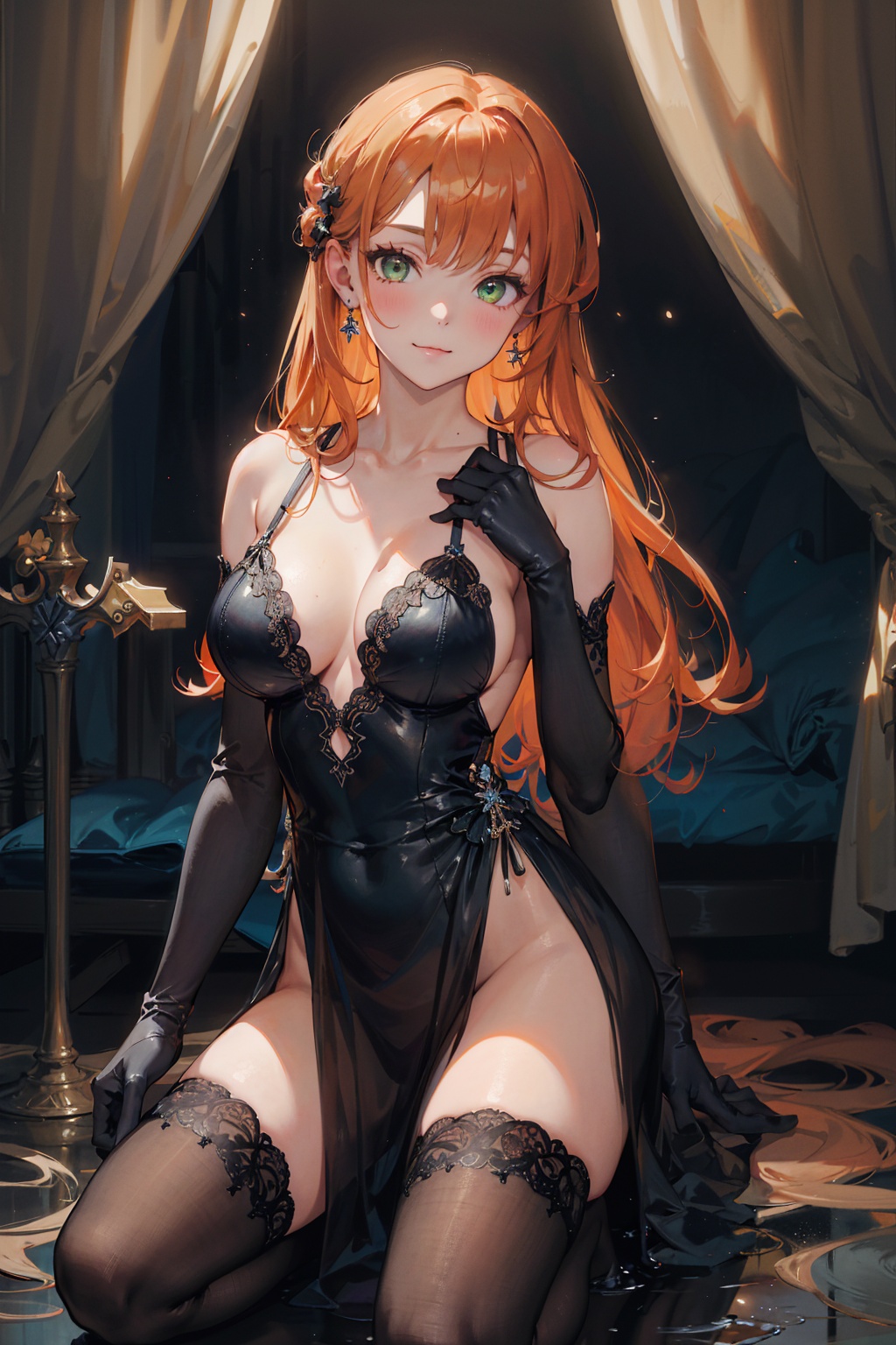 masterpiece,best quality,cowboy shot,looking at viewer,1girl,solo,orange hair,green eyes,:3,large breasts,collarbone,black evening gown,elbow gloves,black gloves,black thighhighs,kneeling