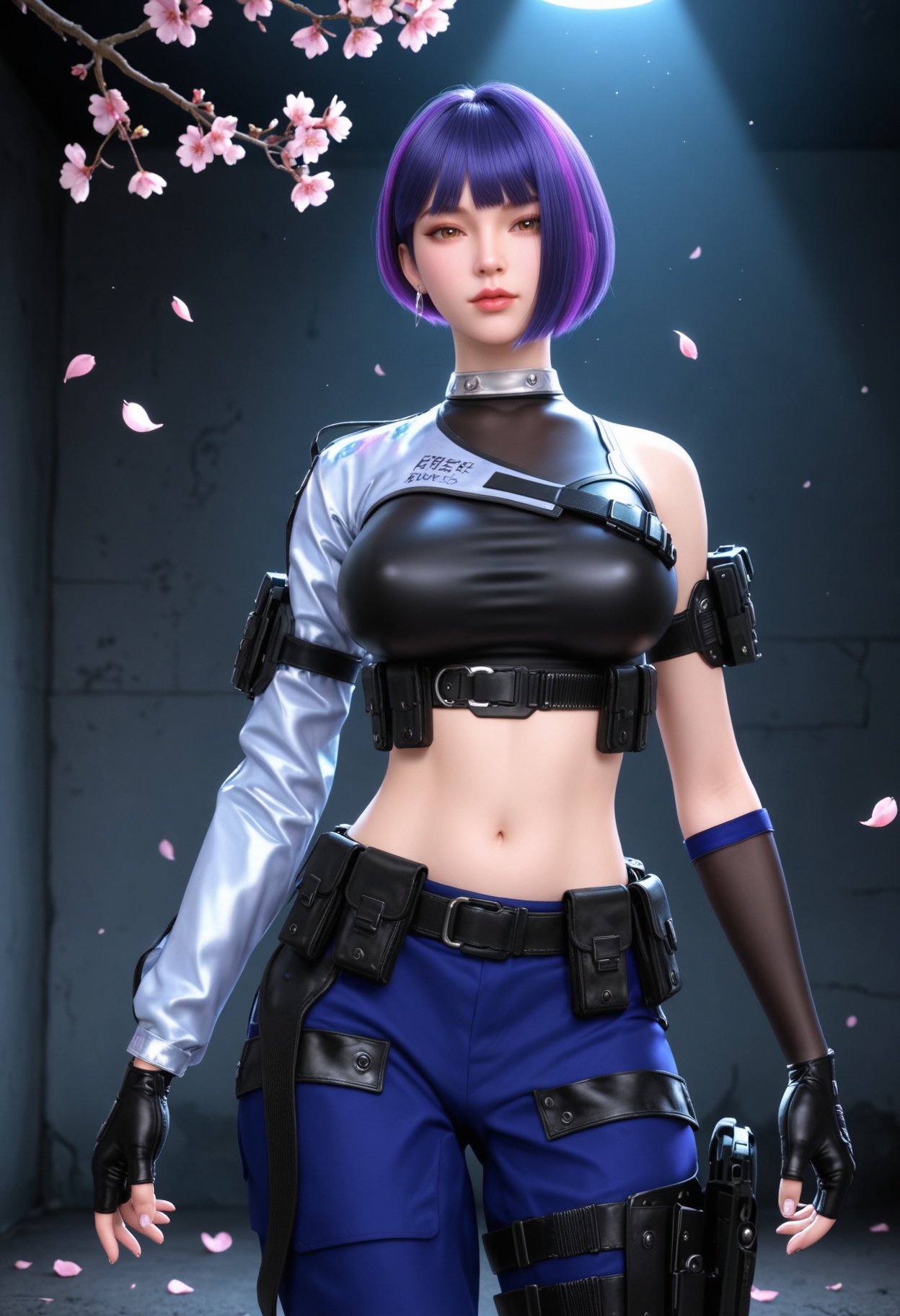 (upper_body:1.2),(gigantic breasts:0.6),Perky boobs,(looking at viewer:1.1),facing viewer,direct gaze,(masterpiece:1.1),(best quality:1.2),(intricate details),(smog:1.3),(Dark room:1.3),(dim lighting:1.3),peach blossom,falling petals,<lora:YQ_Illustrious光辉v5_雨墨_V1:0.8>,1girl,q1528437228,solo,short hair,purple hair,crop top,gloves,pants,belt,boots,holster,blunt bangs,police uniform,multicolored hair,jewelry,earrings,belt pouch,brown eyes,knee pads,thigh holster,masterpiece,(best quality),(intricate details:0.9) BREAK (intricate details:0.9),(realistic skin:1.2),masterpiece,best quality,newest,absurdres,hiahres,